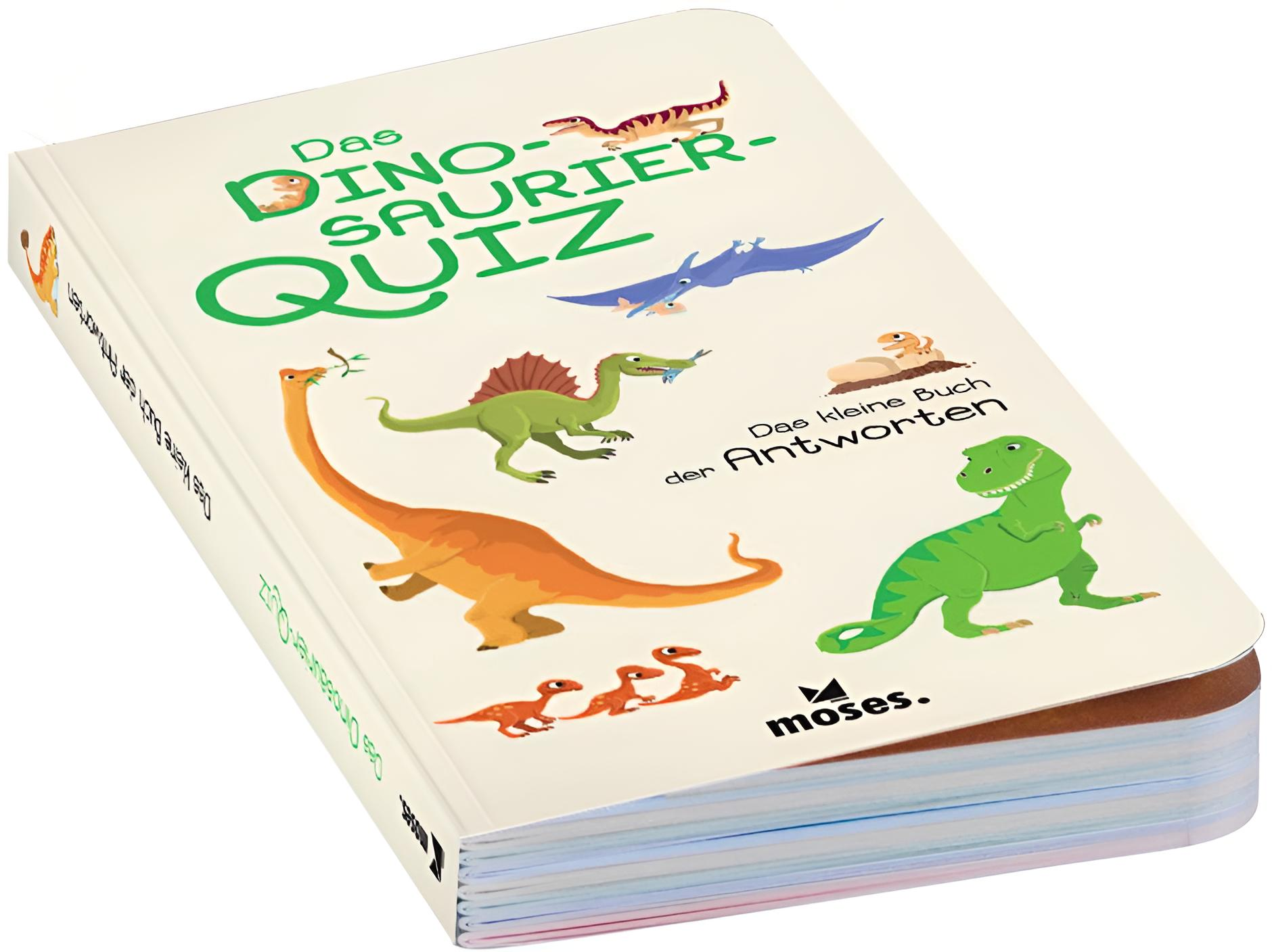 Ein Buch mit dem Titel "Das Dinosaurier-Quiz" und bunten Dinosaurier-Illustrationen auf dem Einband.