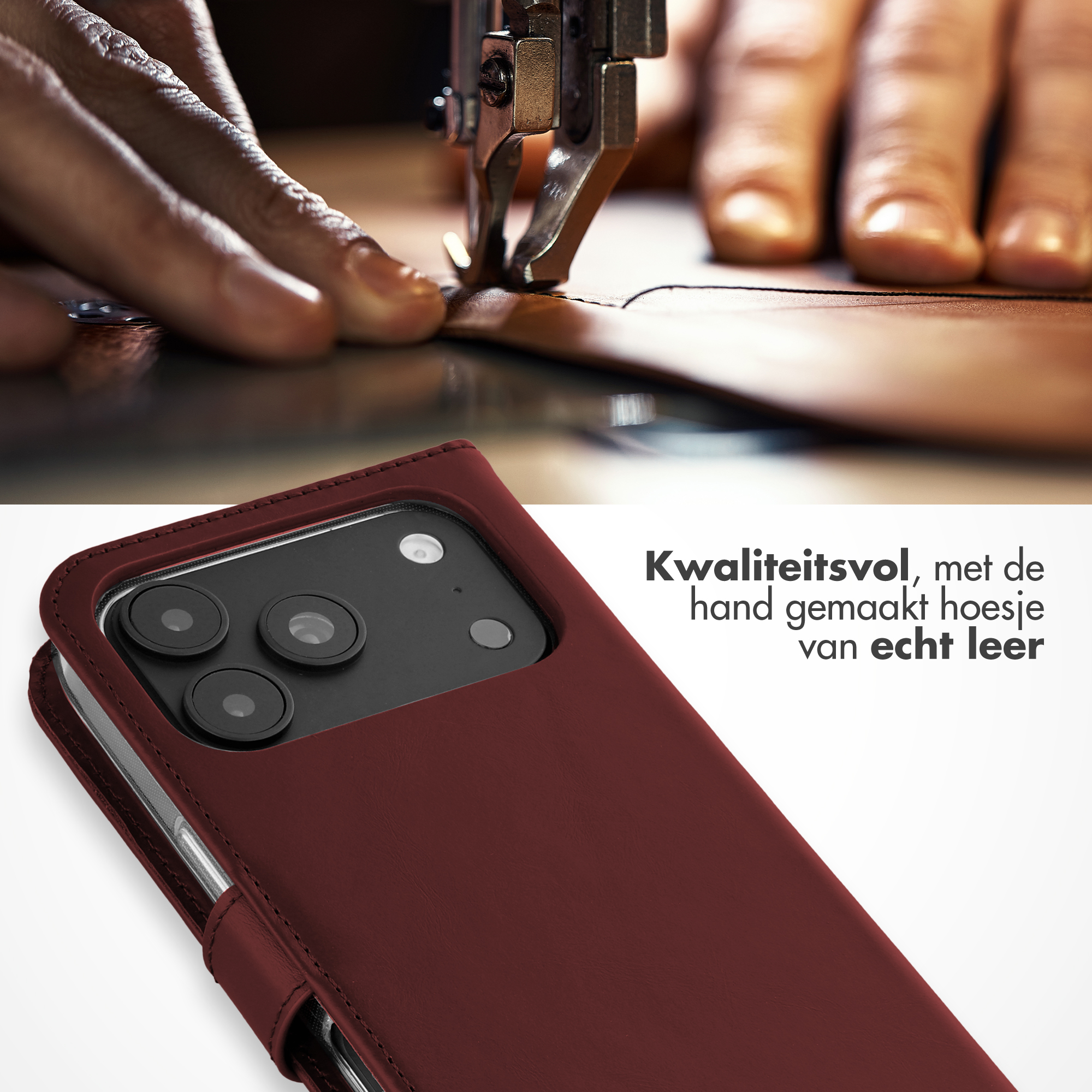 Eine Nähmaschine näht braunes Leder über einer bordeauxroten Leder-Handyhülle.