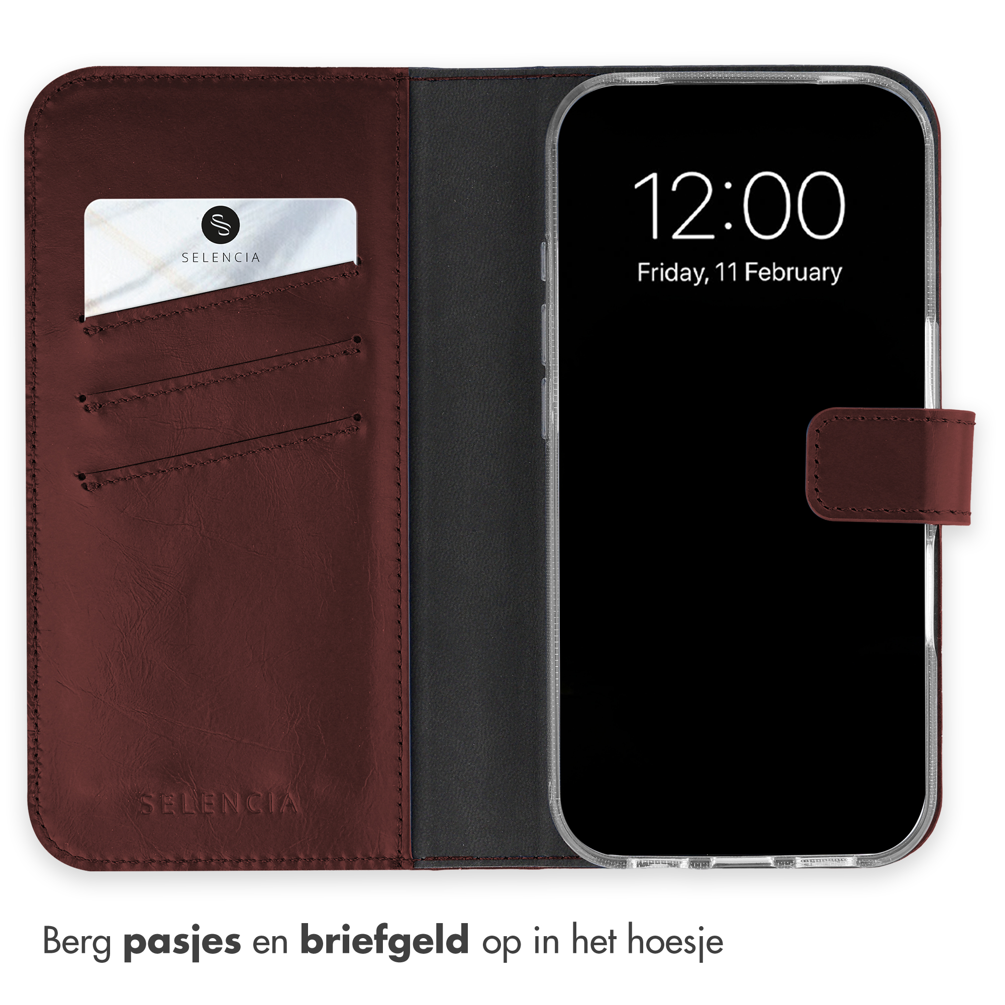Eine dunkelrote Leder-Handyhülle hält rechts ein Smartphone und hat links Kartenfächer mit einer Karte.