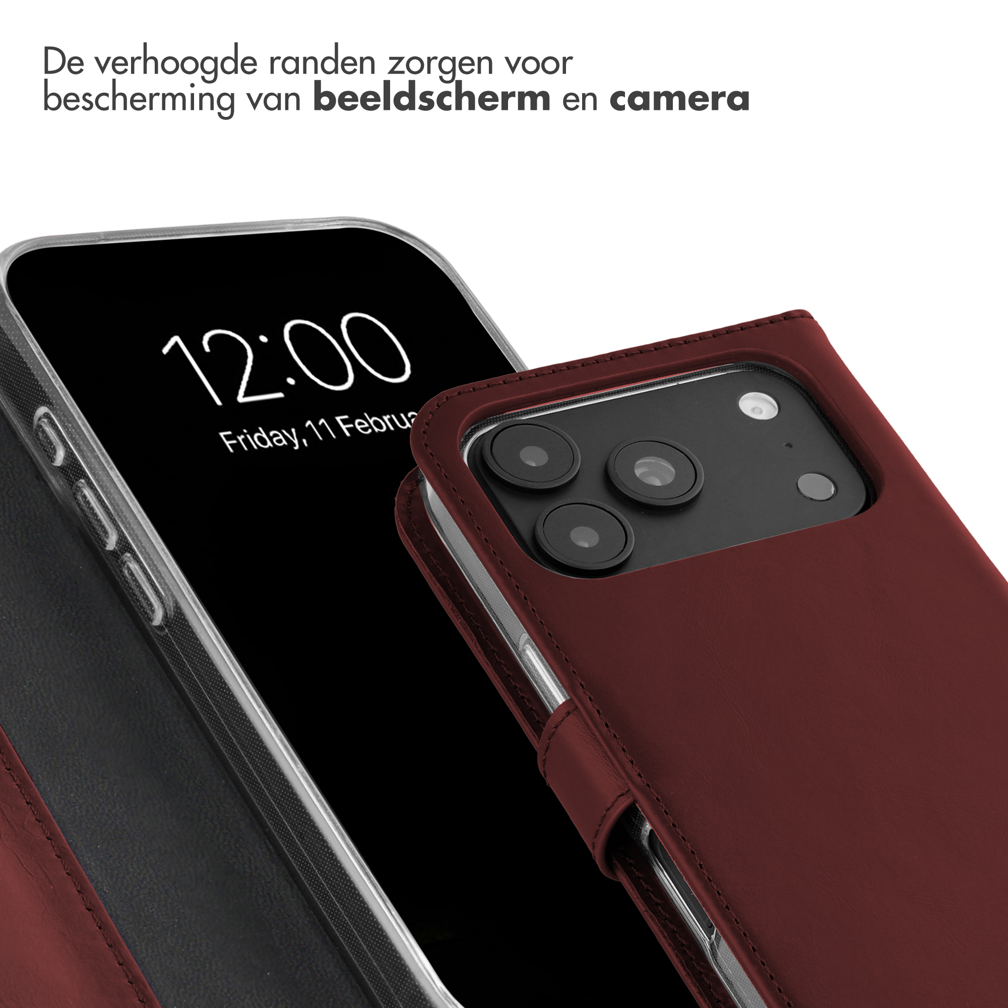 Dunkelrote Lederhülle für ein Smartphone mit erhöhtem Rand zum Schutz von Display und Kamera.