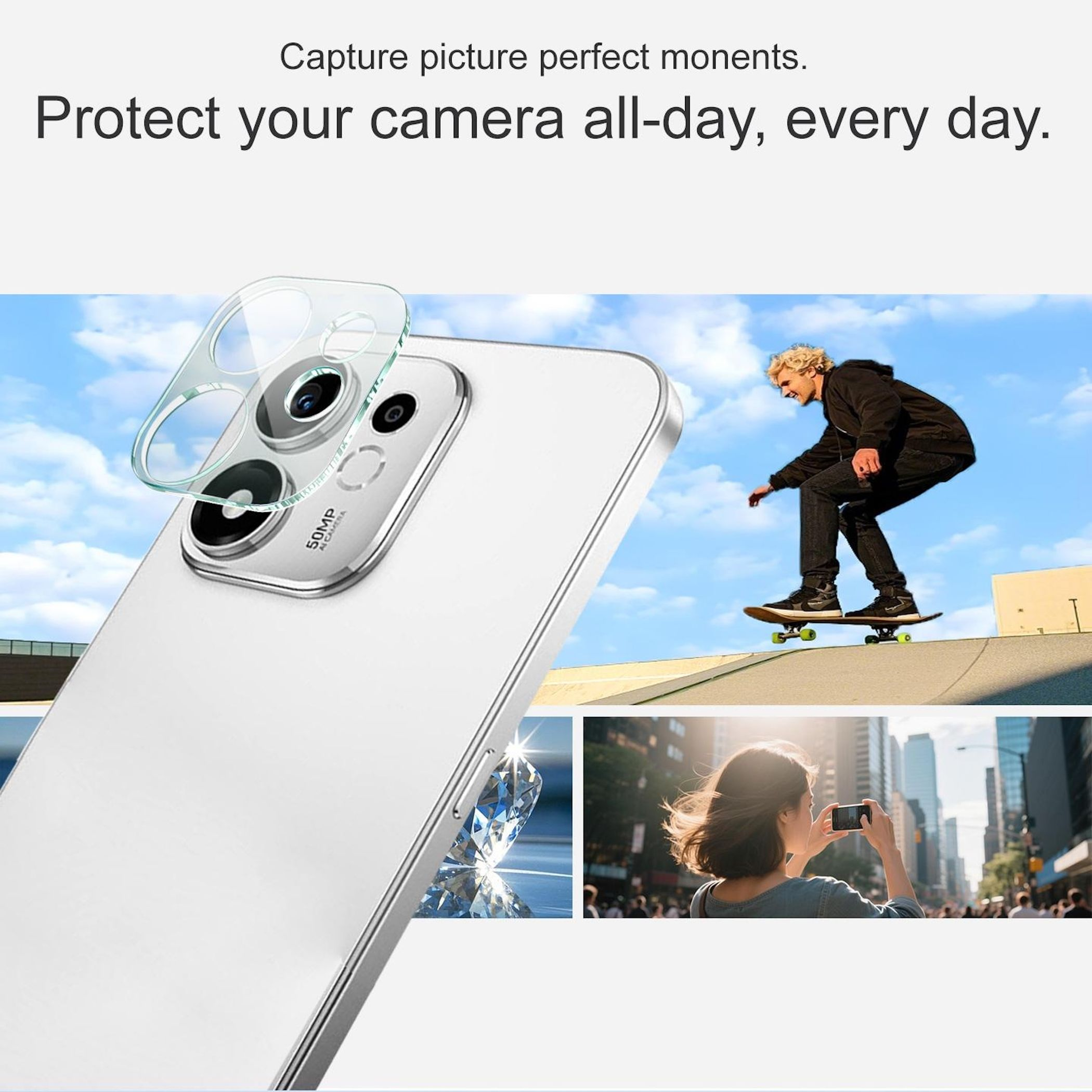 Werbung für Handykamera-Linsenschutz mit Text, Handyrückseite, Skater und einer Person, die ein Foto macht.