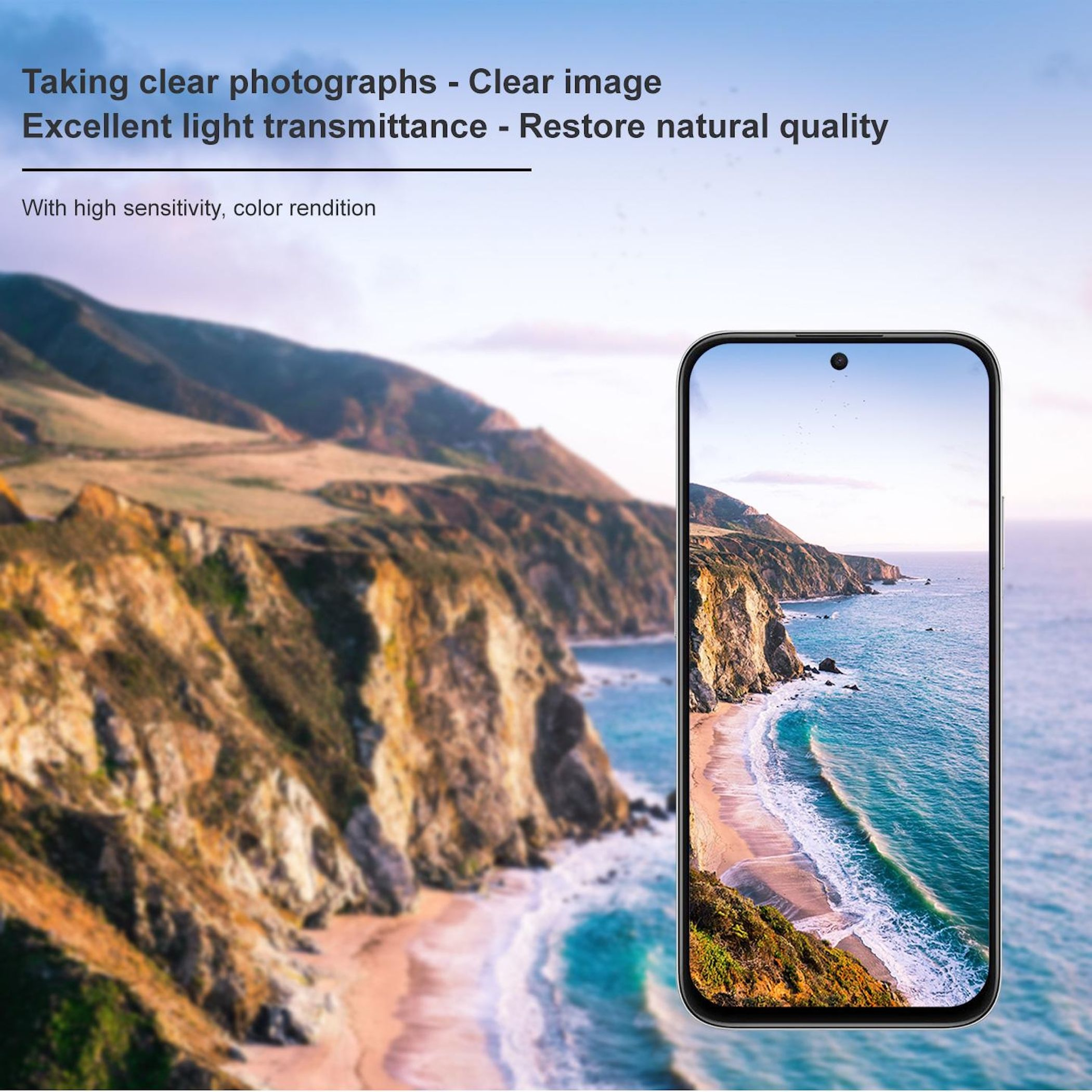 Smartphone mit klarem Küstenfoto-Display und Werbetexten über der Landschaft.