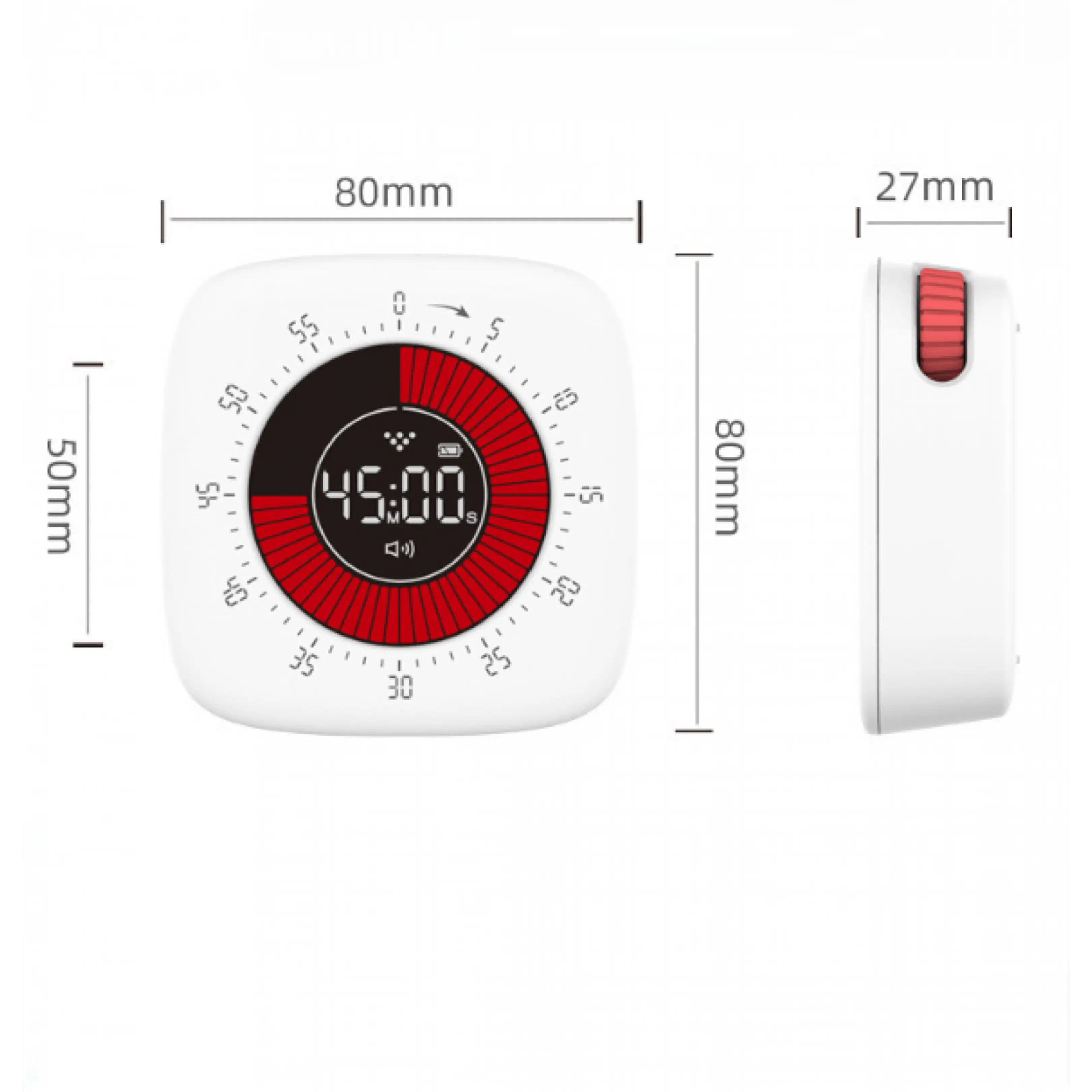 Technische Zeichnung eines quadratischen Digitaltimers mit Maßen 80x80x27mm, Vorder- und Seitenansicht.