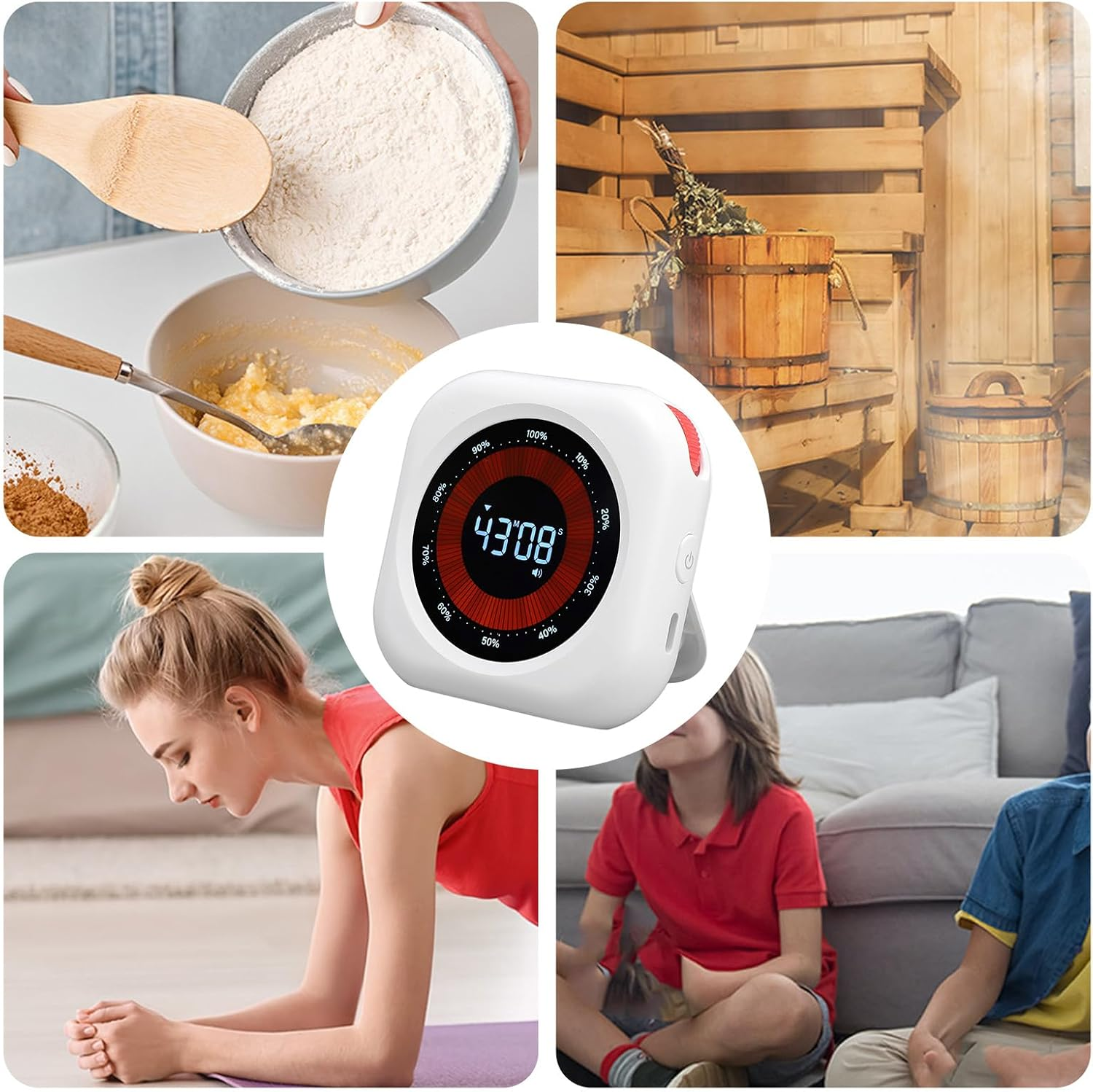 Eine Collage zeigt Mehl sieben, eine Saunakammer, eine Frau beim Plank und Kinder auf einem Sofa, mit einem Timer in der Mitte.