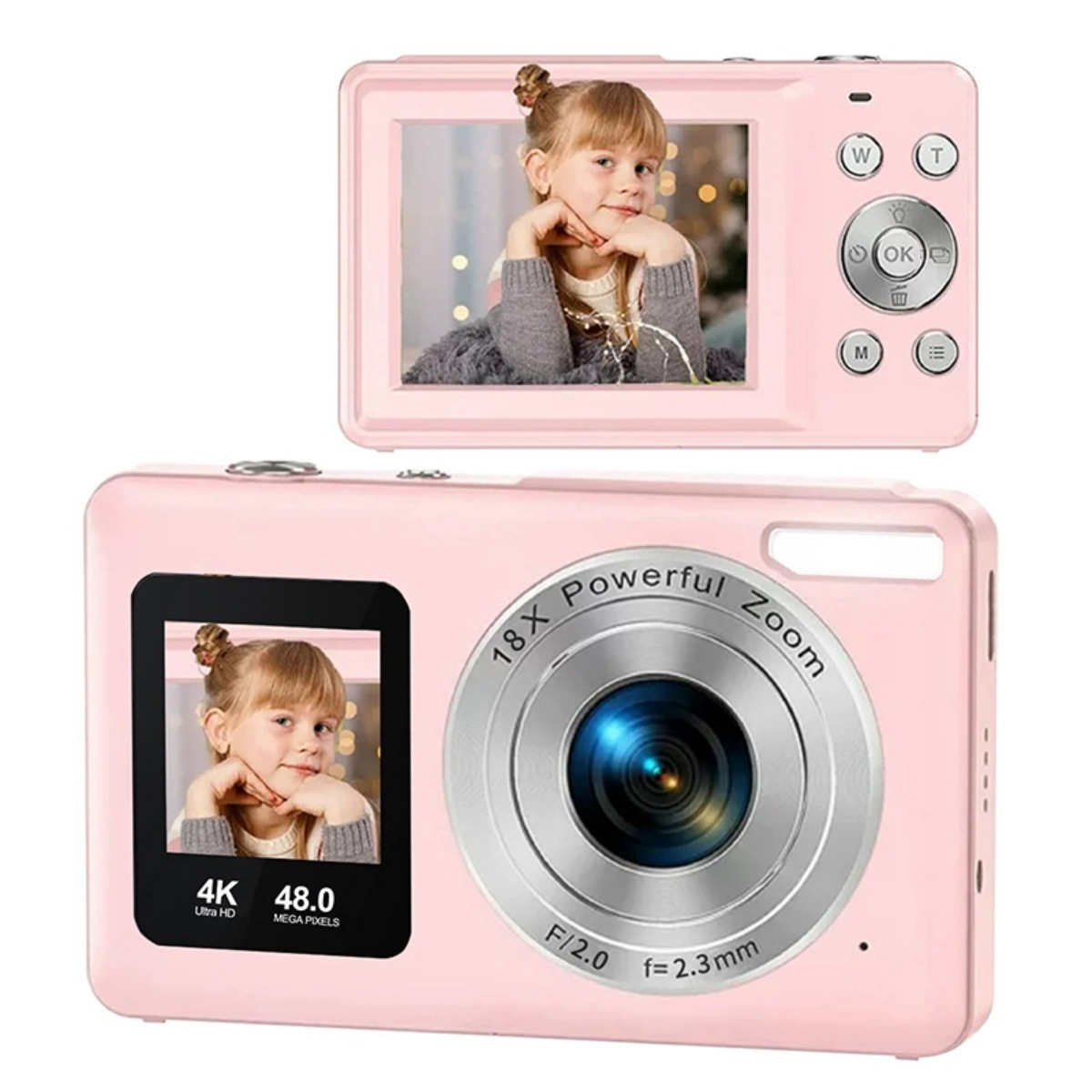 Rosa Digitalkamera mit zwei Bildschirmen, die ein junges Mädchen zeigen, und großem Objektiv mit starkem Zoom.