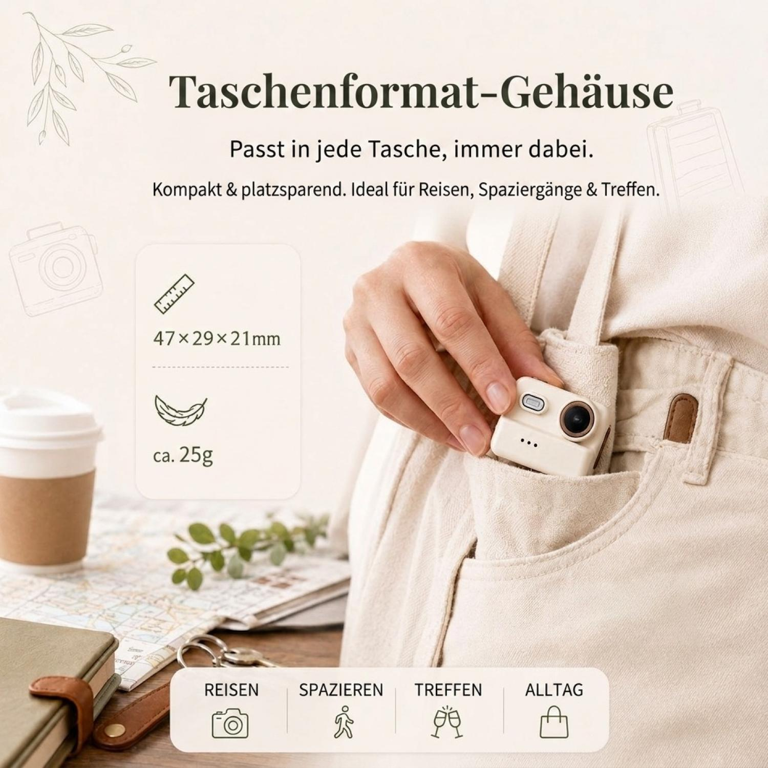 Eine Hand steckt eine kleine, weiße Pocket-Kamera in eine Tasche, mit Text und Infografiken auf dem Bild.