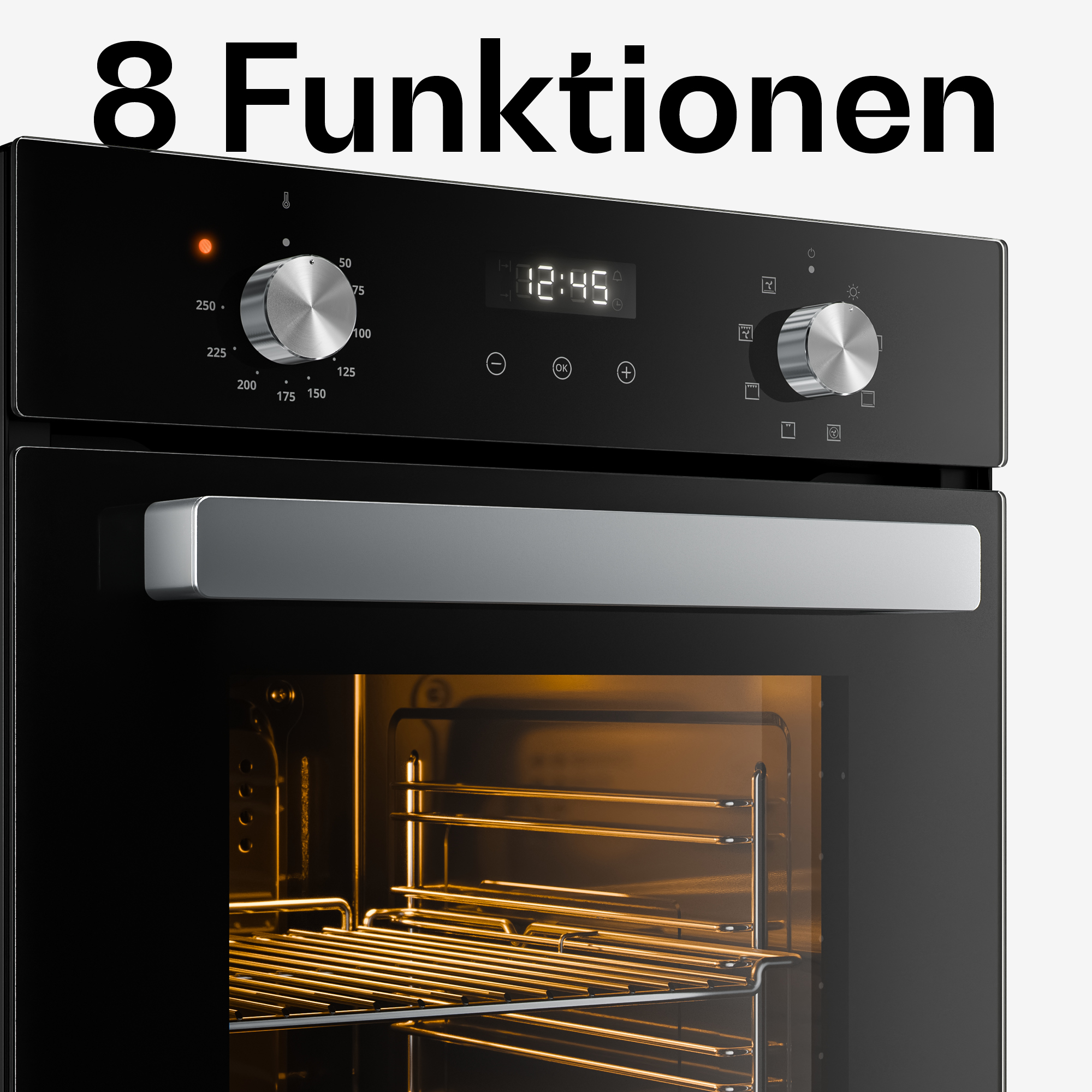 Moderner schwarzer Backofen mit zwei silbernen Knöpfen, digitaler Uhrzeit und beleuchtetem Innenraum.