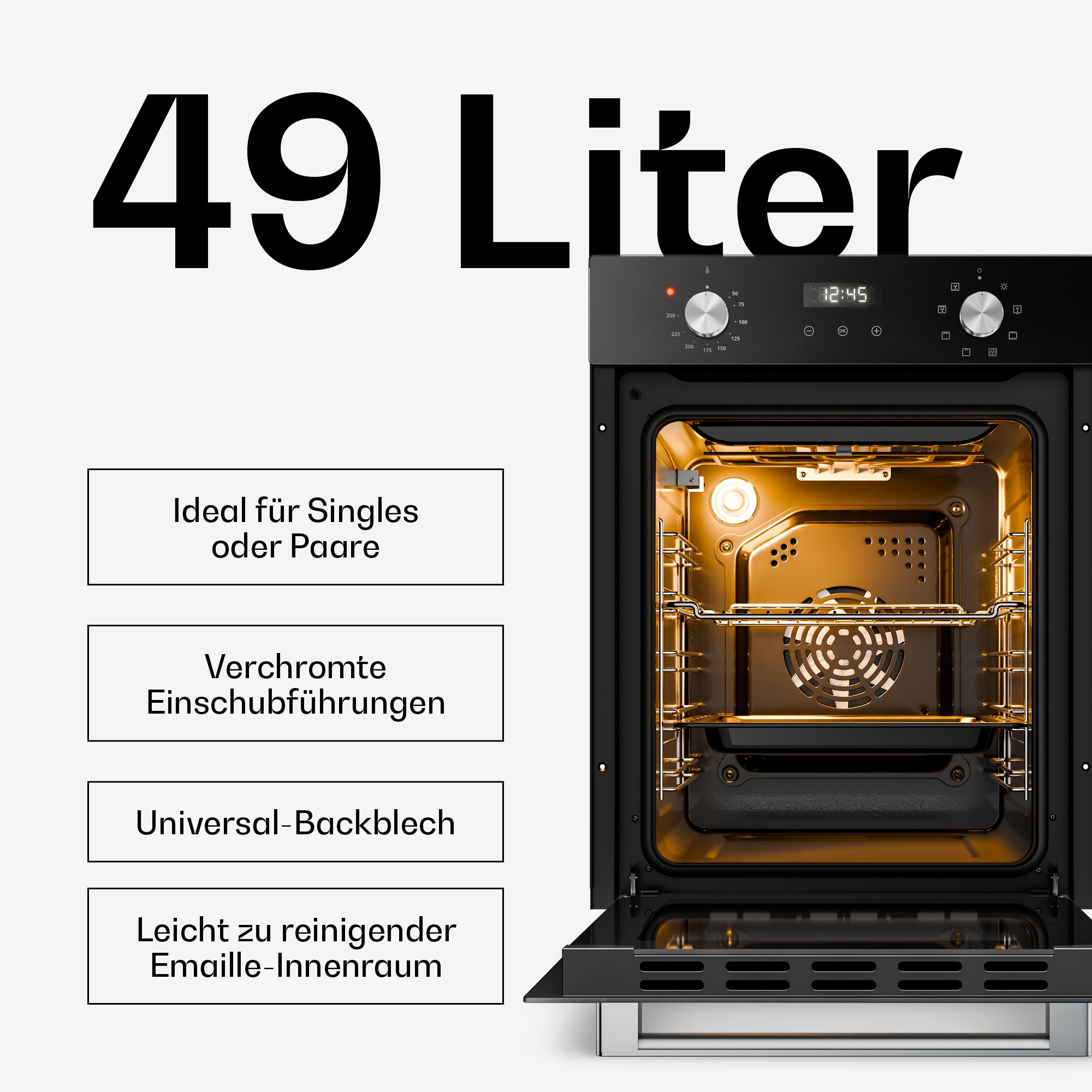Ein schwarzer Backofen mit 49 Litern Fassungsvermögen und geöffneter Tür, beleuchtet mit gelbem Licht.