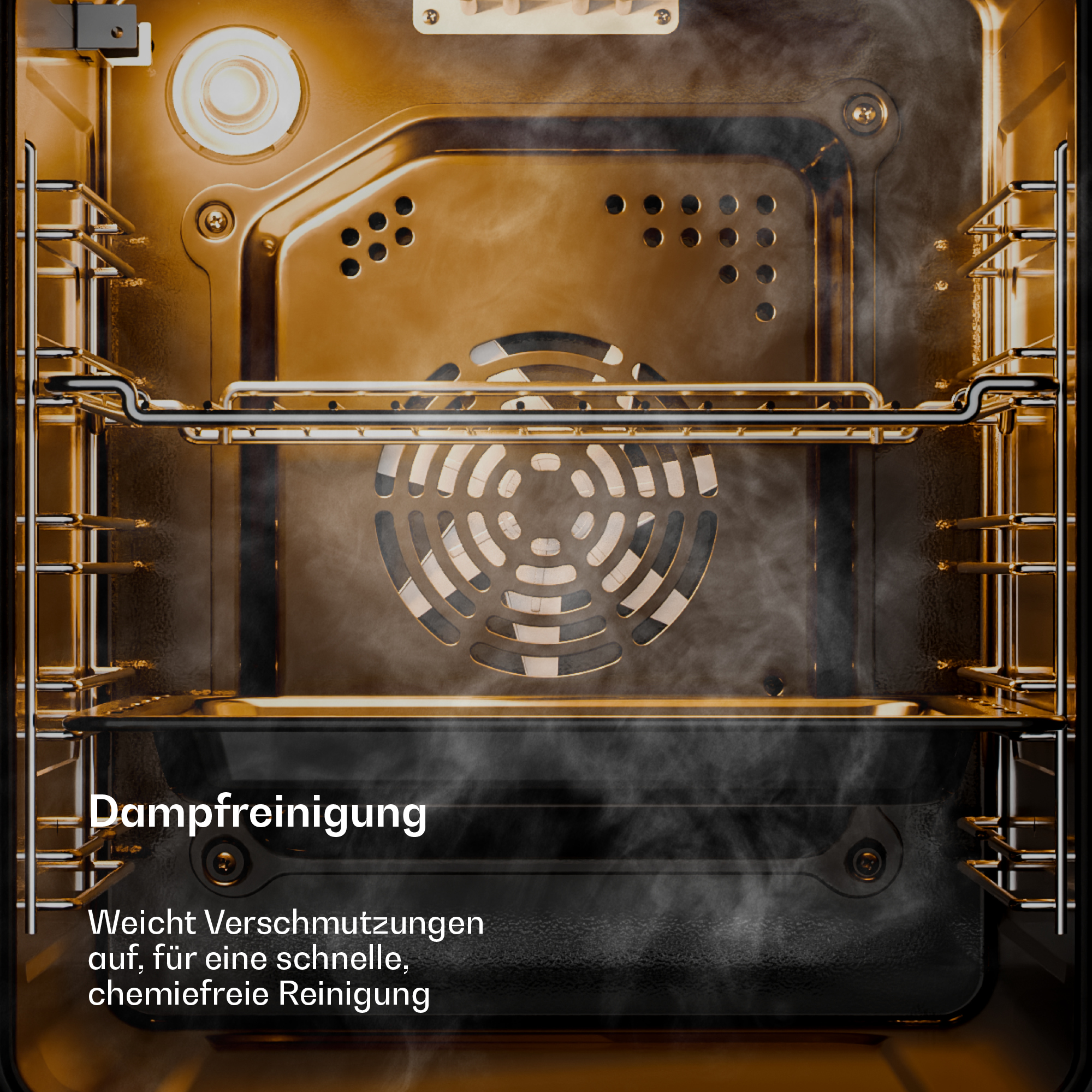 Innenansicht eines Backofens mit Dampf und Beleuchtung, dazu deutscher Text zur Dampfreinigung.