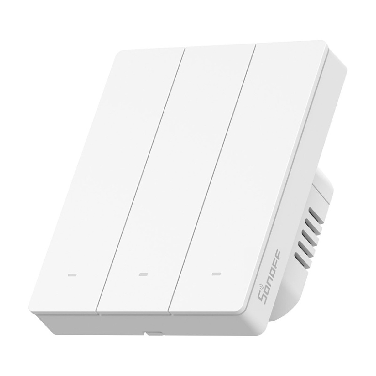 Un triplo interruttore della luce Sonoff bianco con pulsanti piatti e indicatori LED su sfondo bianco.