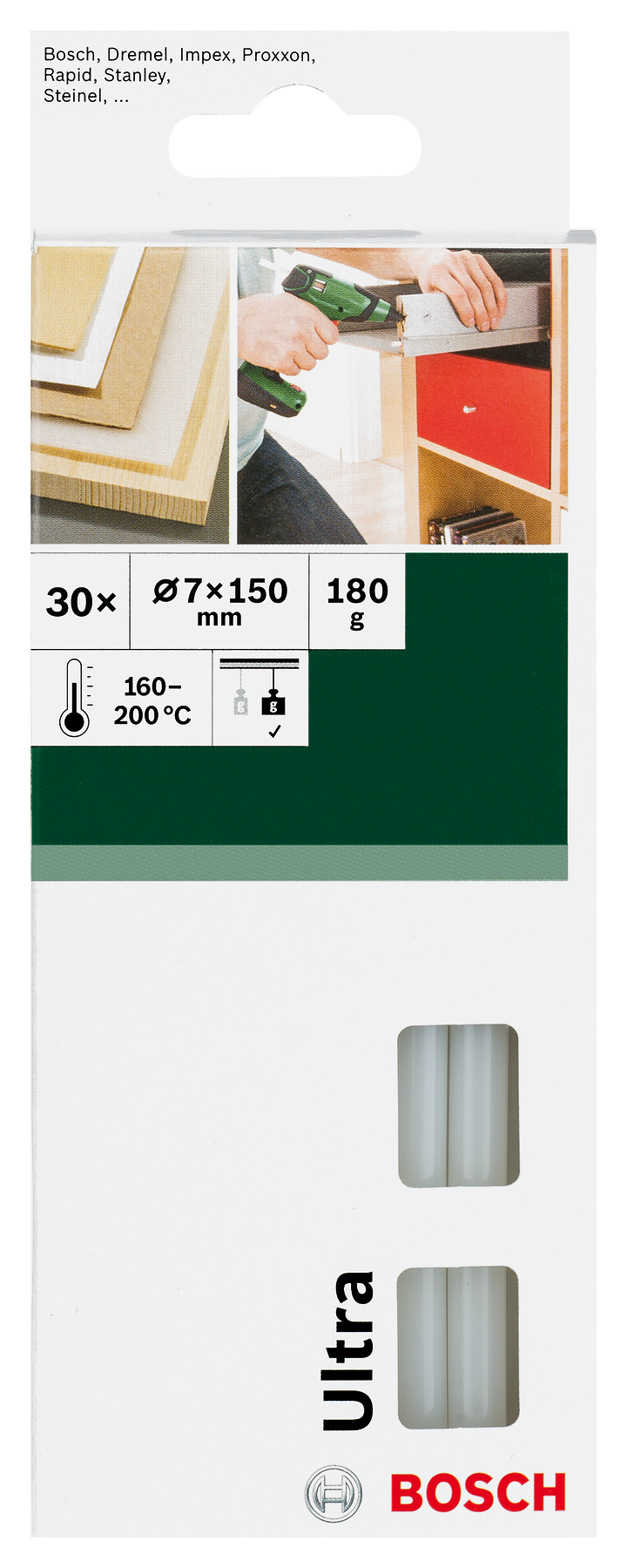 Bosch Heißklebestift-Verpackung mit technischen Daten und Ansicht von weißen Klebestiften.