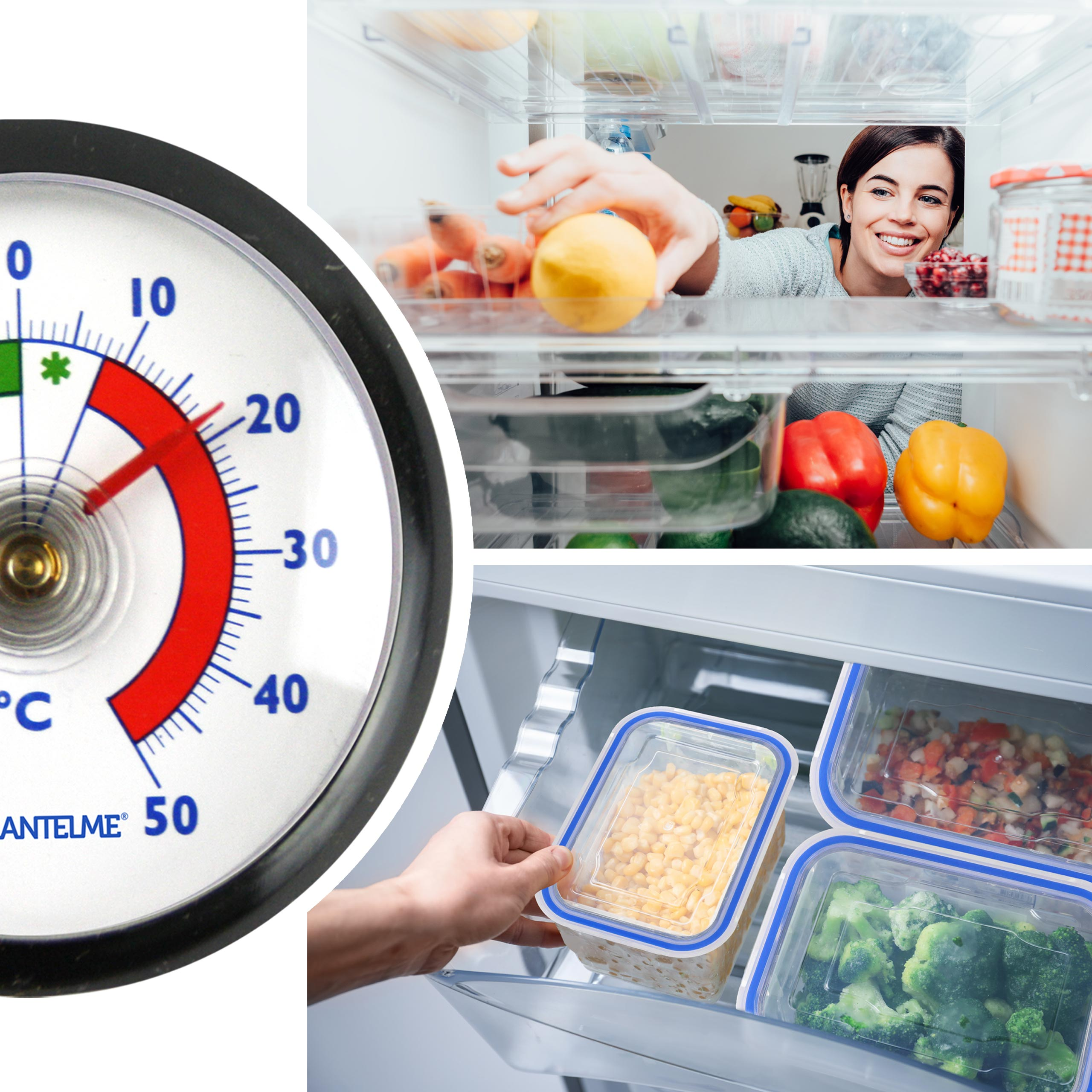 Ein Thermometer zeigt 15 Grad, während eine Frau Lebensmittel im Kühlschrank sortiert und aufbewahrt.