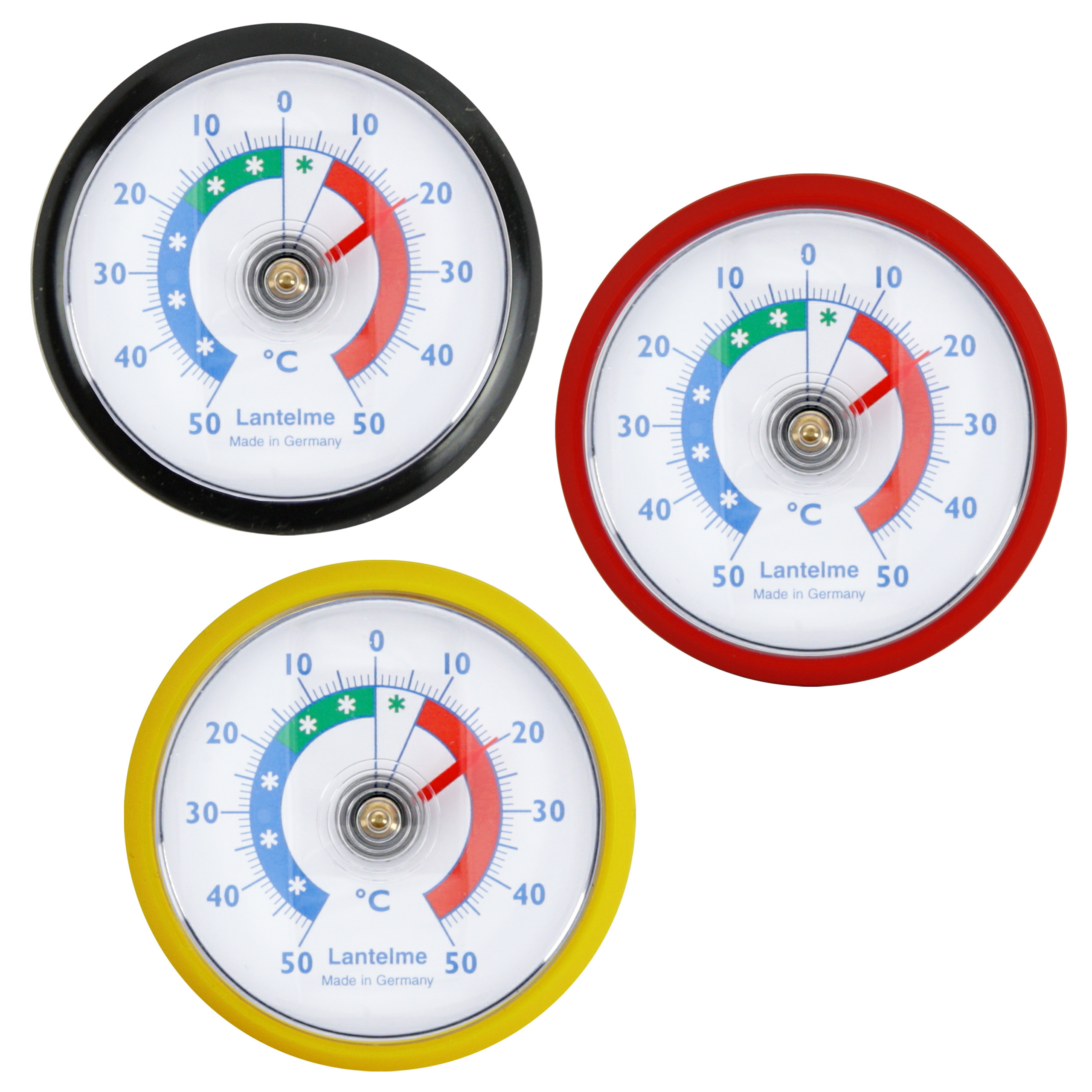 Drei runde Lantelme-Thermometer mit schwarzem, rotem und gelbem Rahmen auf weißem Grund.