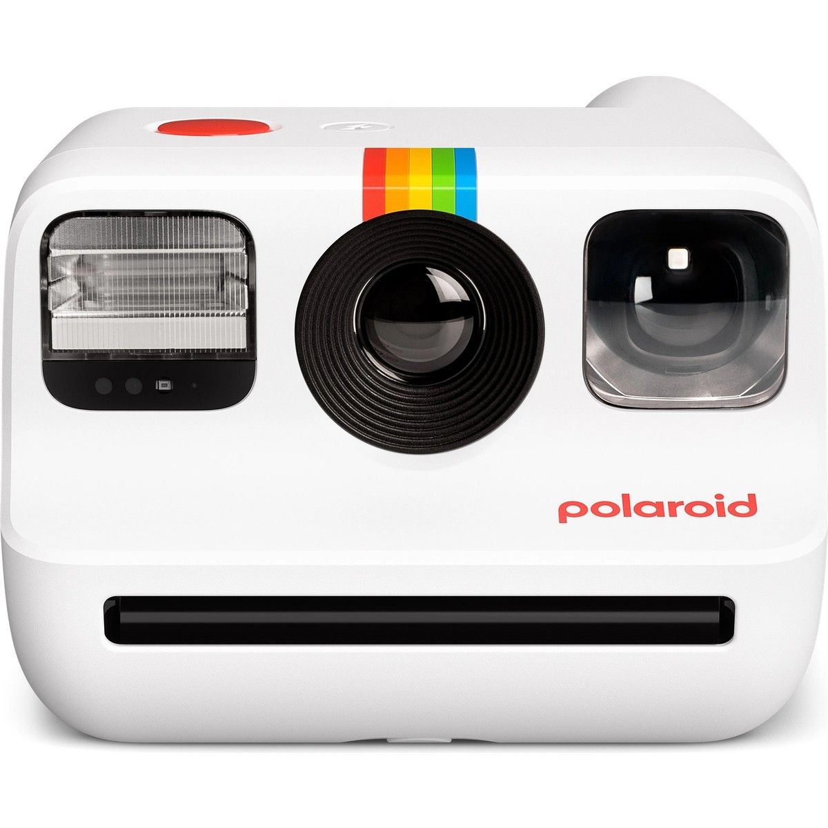 Önünde flaş, lens, vizör ve renkli şeritler bulunan beyaz bir Polaroid kamera.