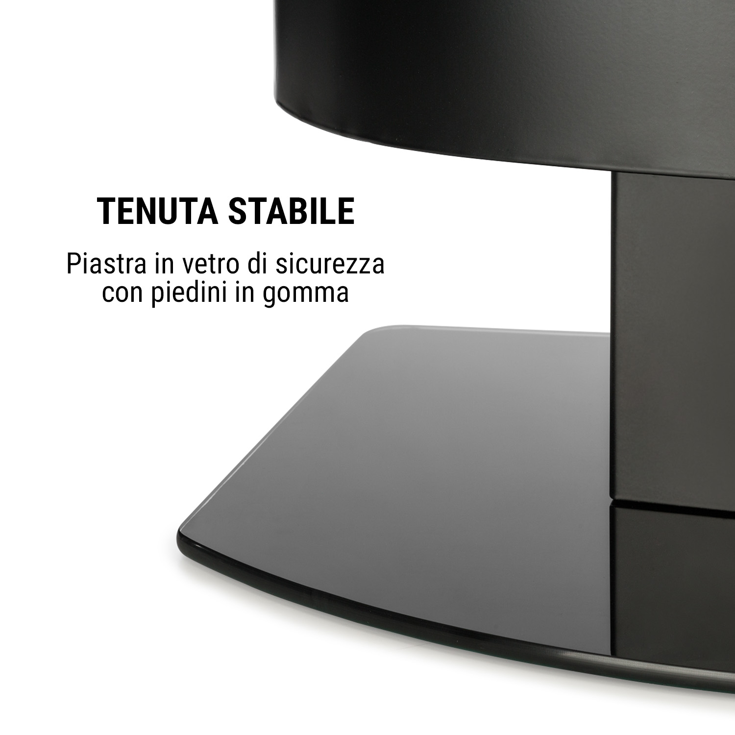 Tavolo in metallo nero e vetro con testo a sinistra.