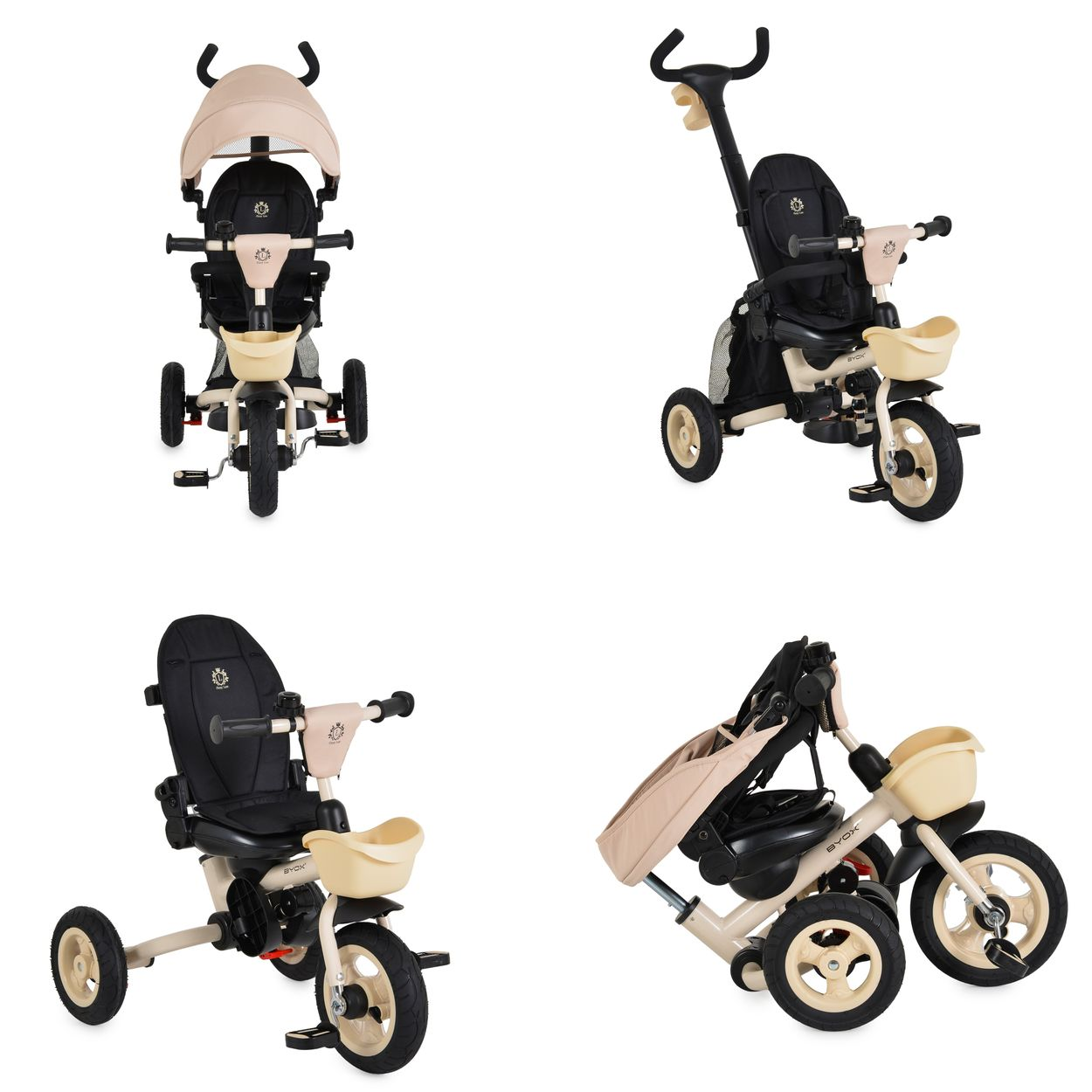 Beige-schwarzes Kinderdreirad mit Dach, Schiebestange und Korb in verschiedenen Ansichten.