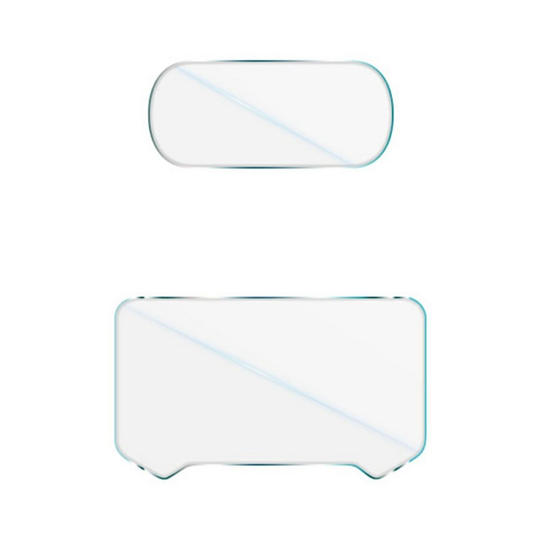 Zwei transparente Display-Schutzfolien in verschiedenen Formen vor weißem Hintergrund.