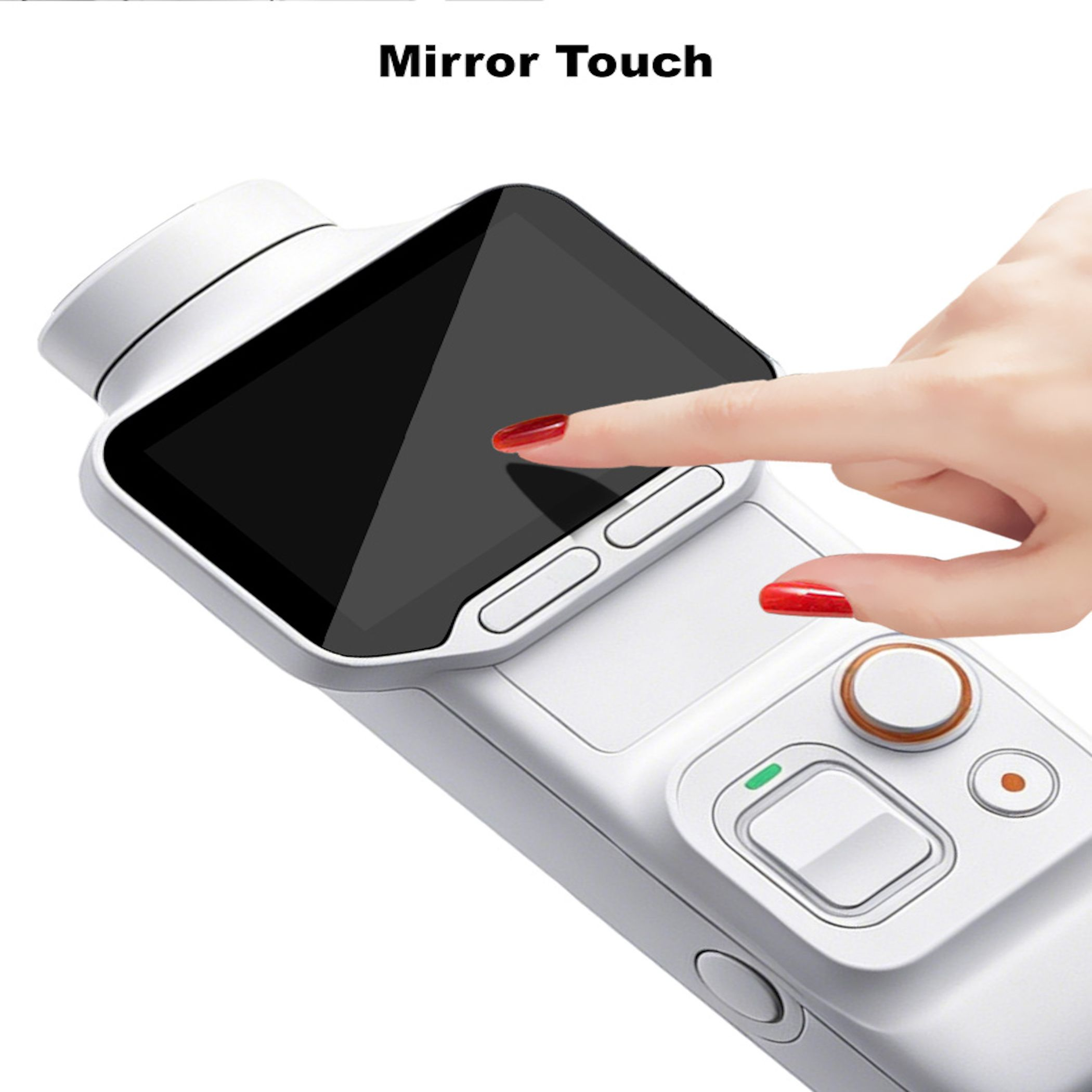 Eine Hand mit rotem Nagellack berührt den Touchscreen eines weißen elektronischen Handgeräts.