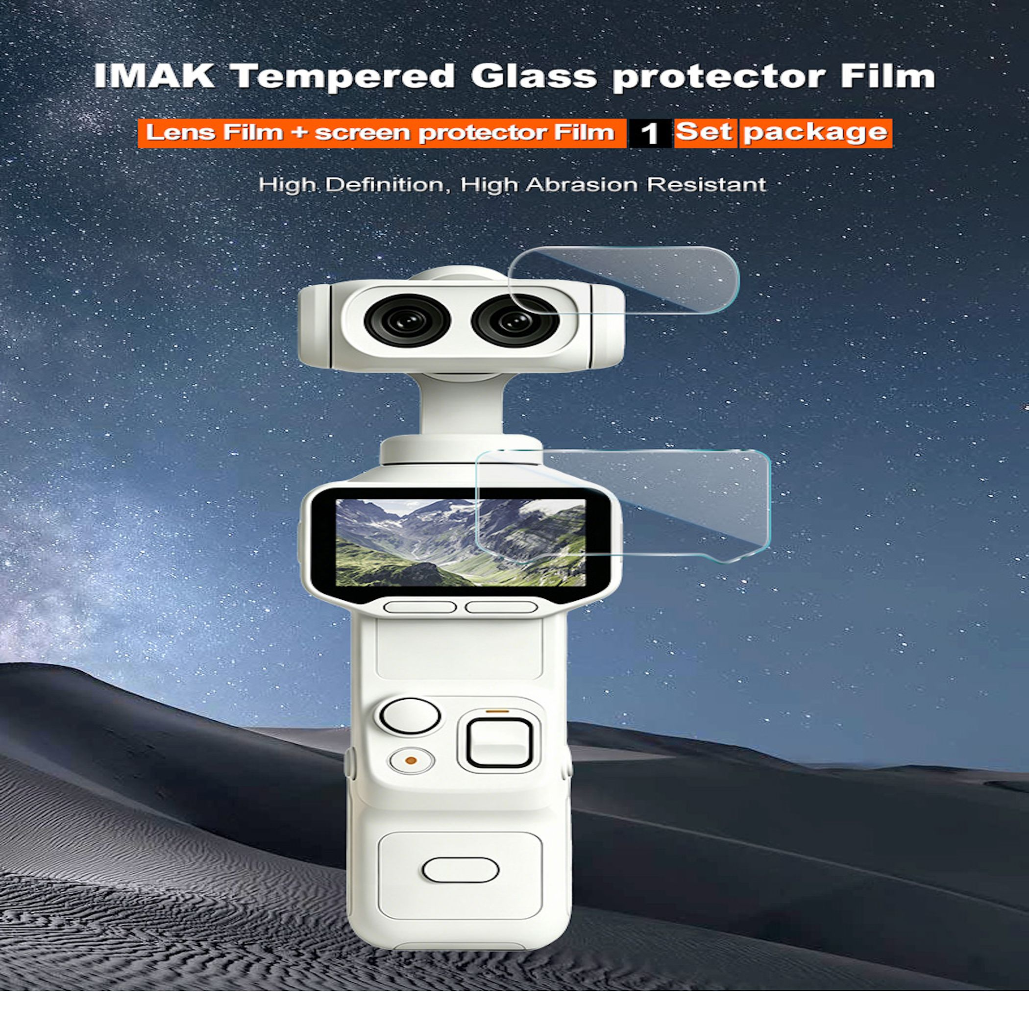 Produktwerbung für IMAK Schutzglas für Kamera und Display, mit weißem Gimbal auf dunklem Hintergrund.