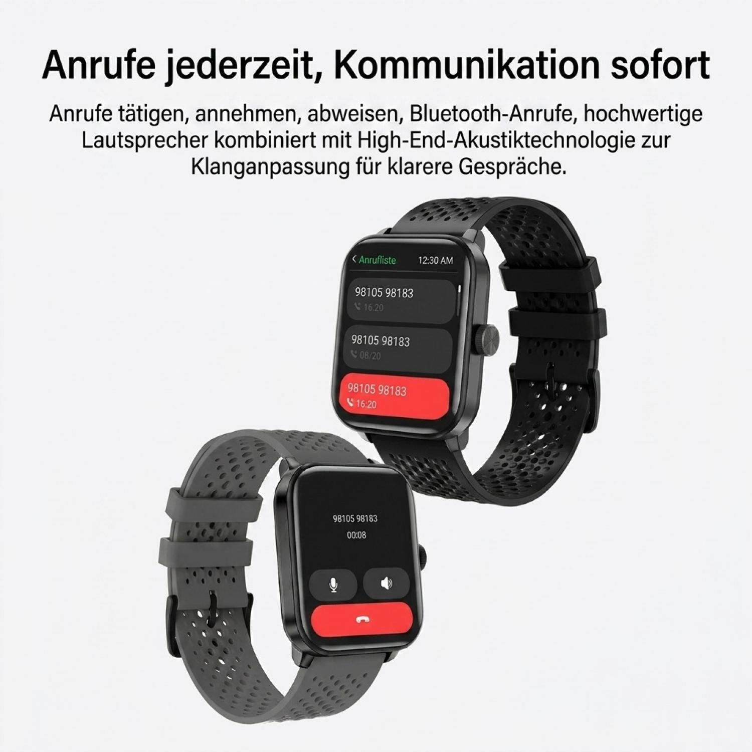 Zwei schwarze Smartwatches mit perforierten Armbändern und Anruffunktion auf dem Display vor hellem Hintergrund.
