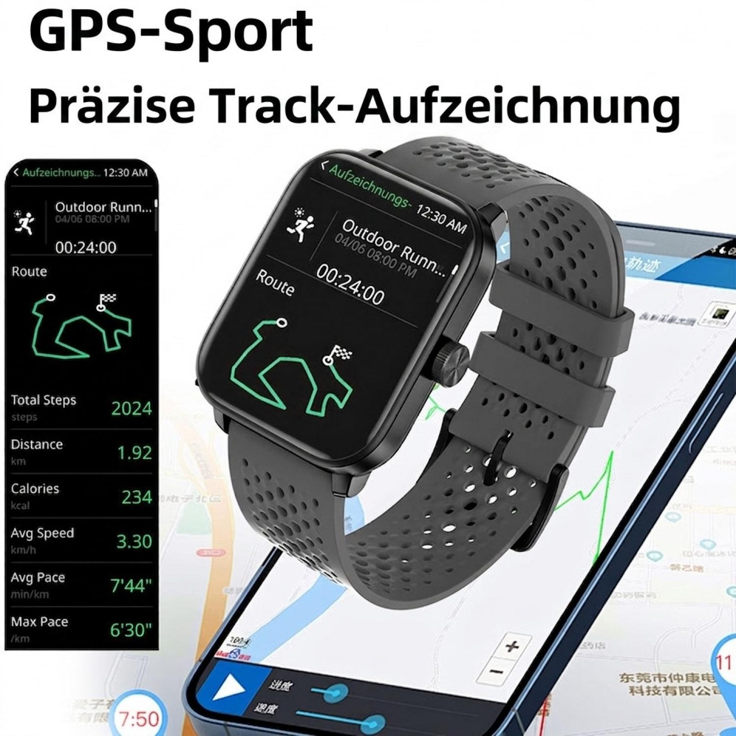Eine GPS-Sportuhr mit grauem Perforationsarmband und Streckenanzeige, im Hintergrund ein Smartphone.