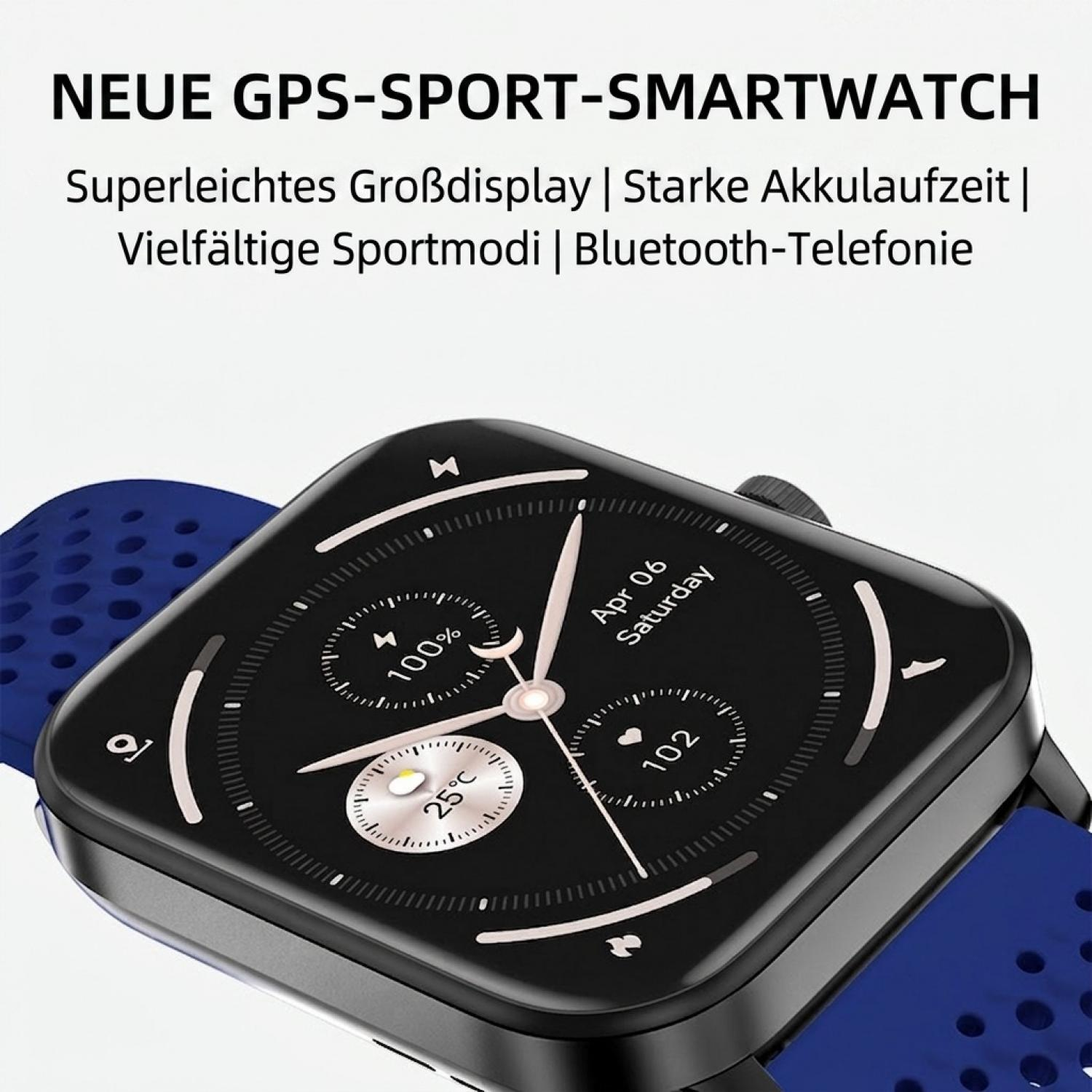 Eine schwarze GPS-Sport-Smartwatch mit blauem Armband und Textanzeige oben.