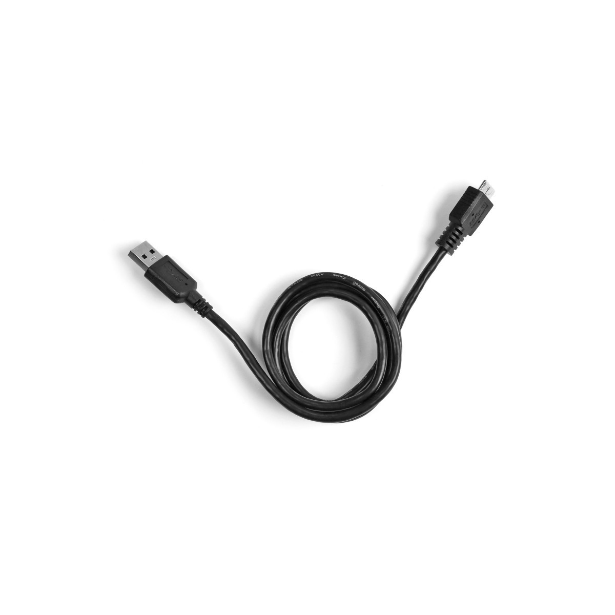 Ein zusammengerolltes schwarzes USB-Kabel mit einem USB-A-Anschluss auf der linken und einem Micro-USB-Anschluss auf der rechten Seite.
