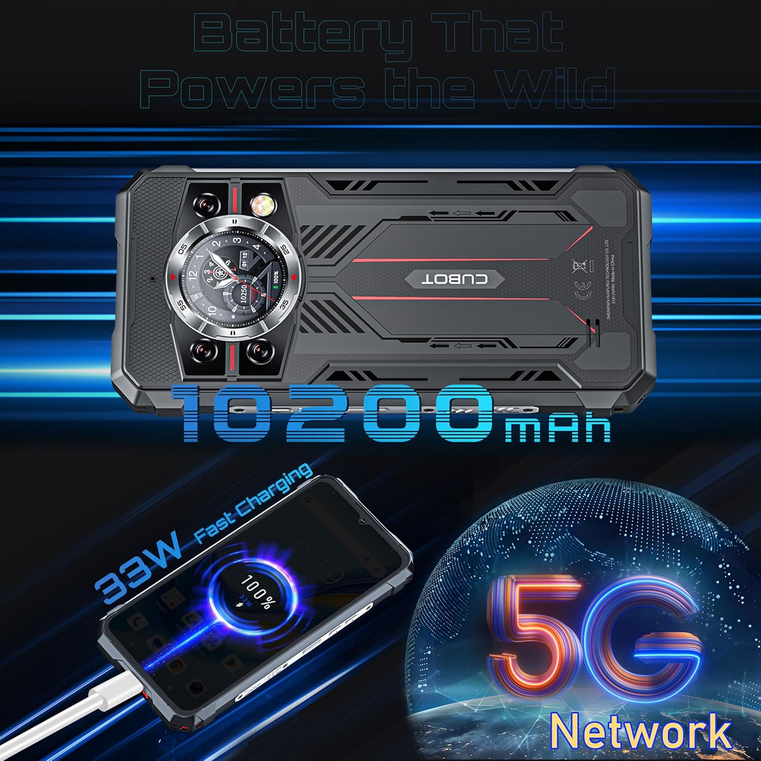 Pubblicità di smartphone rugged con batteria da 10200mAh, ricarica 33W e 5G.