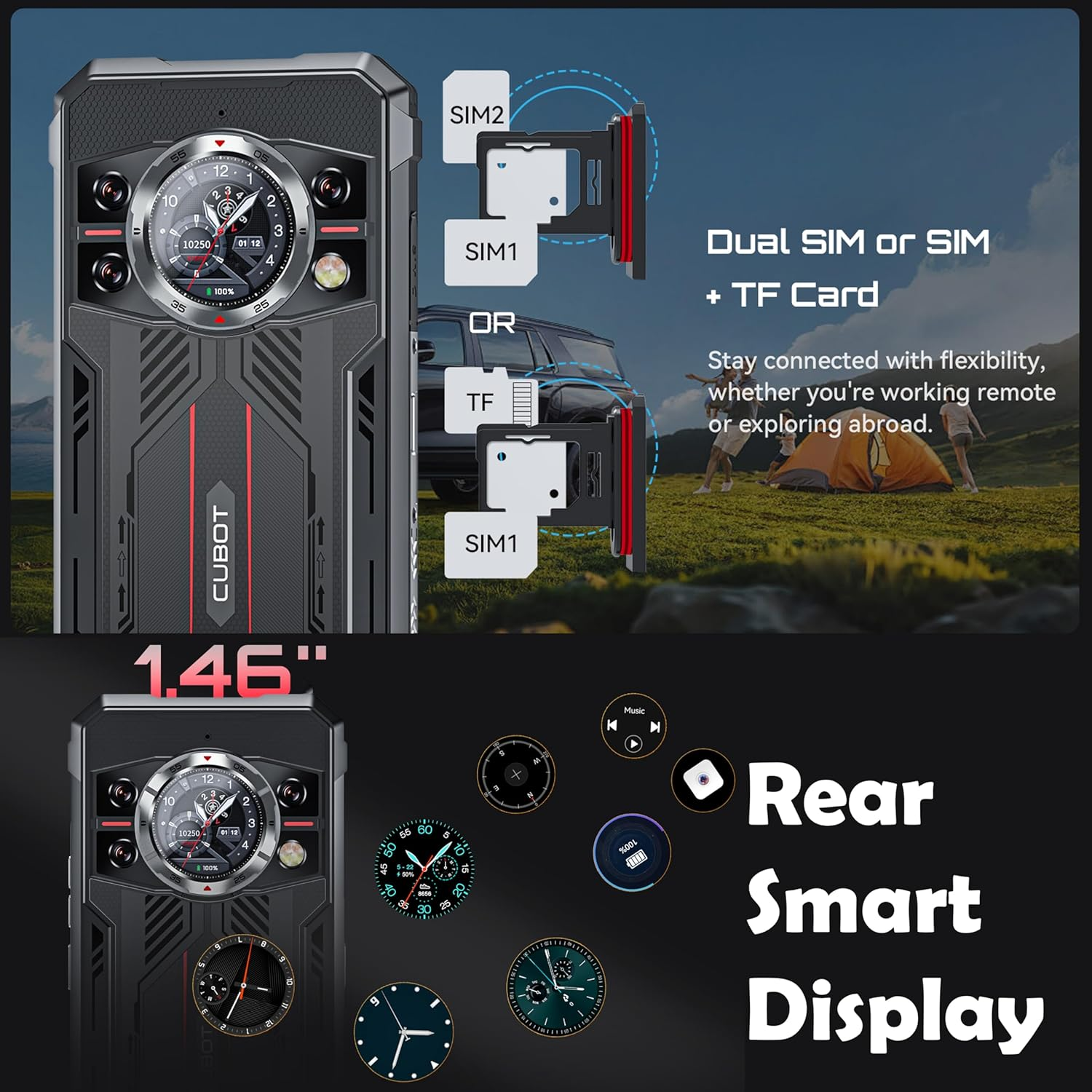 Smartphone rugged Cubot con doppia SIM, slot per scheda TF e display intelligente posteriore.