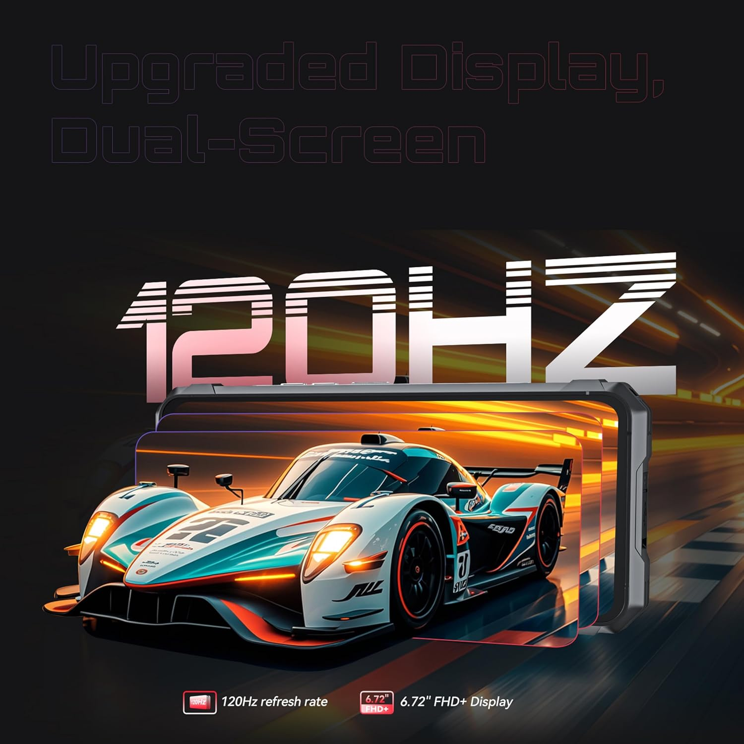 Annuncio smartphone per display a 120Hz con un'auto da corsa sullo schermo su sfondo scuro.