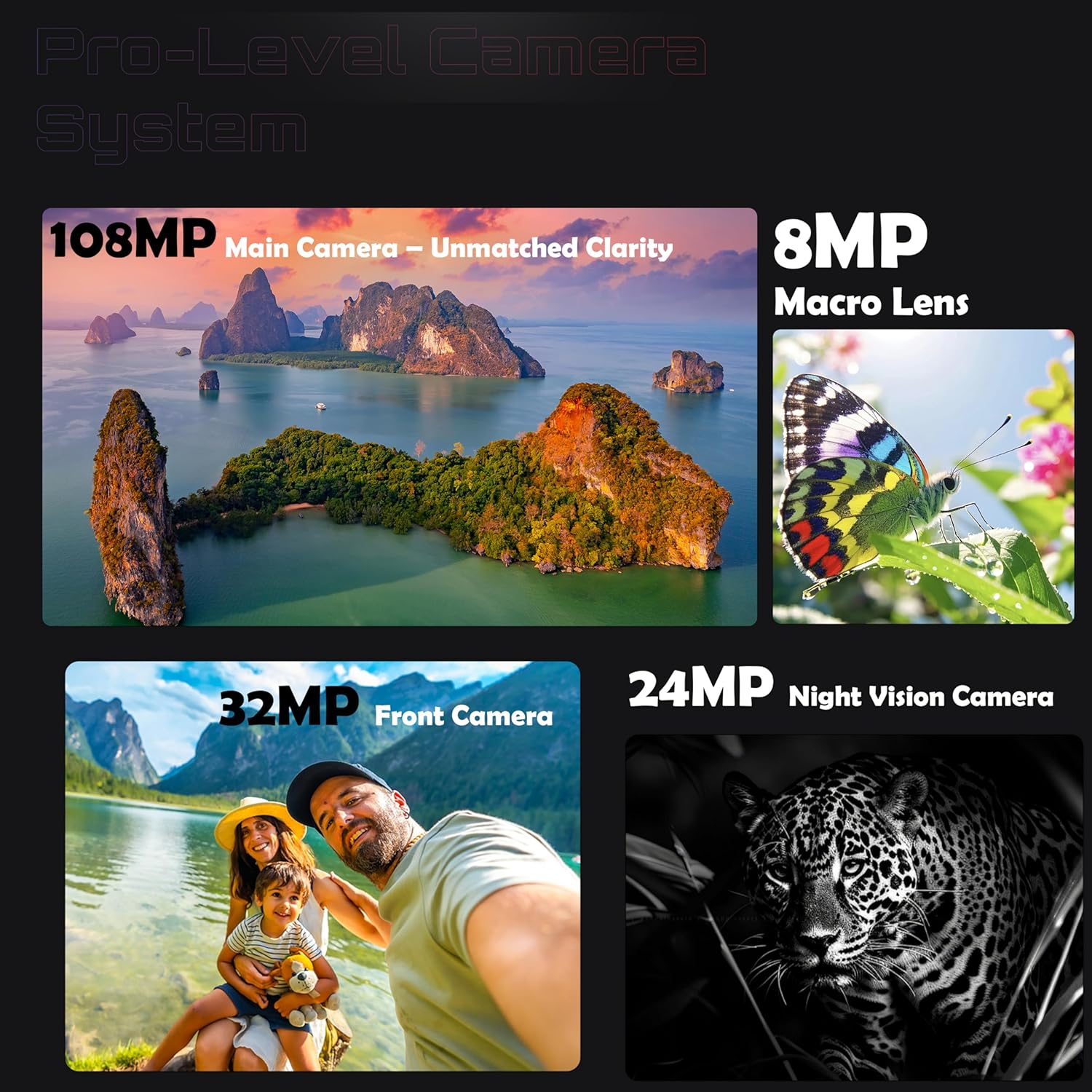Grafica di un sistema a quattro fotocamere con paesaggio, farfalla, famiglia e leopardo.