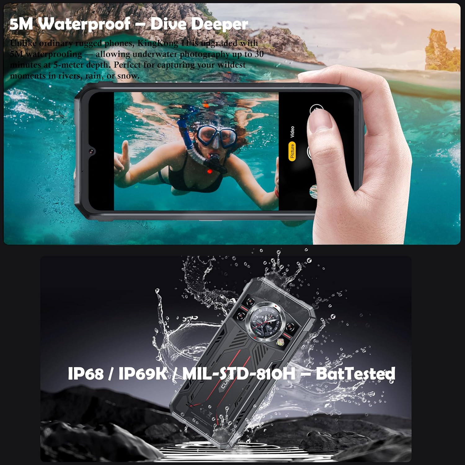 Uno smartphone robusto sott'acqua mostra un subacqueo sullo schermo, con testo sulla sua impermeabilità.