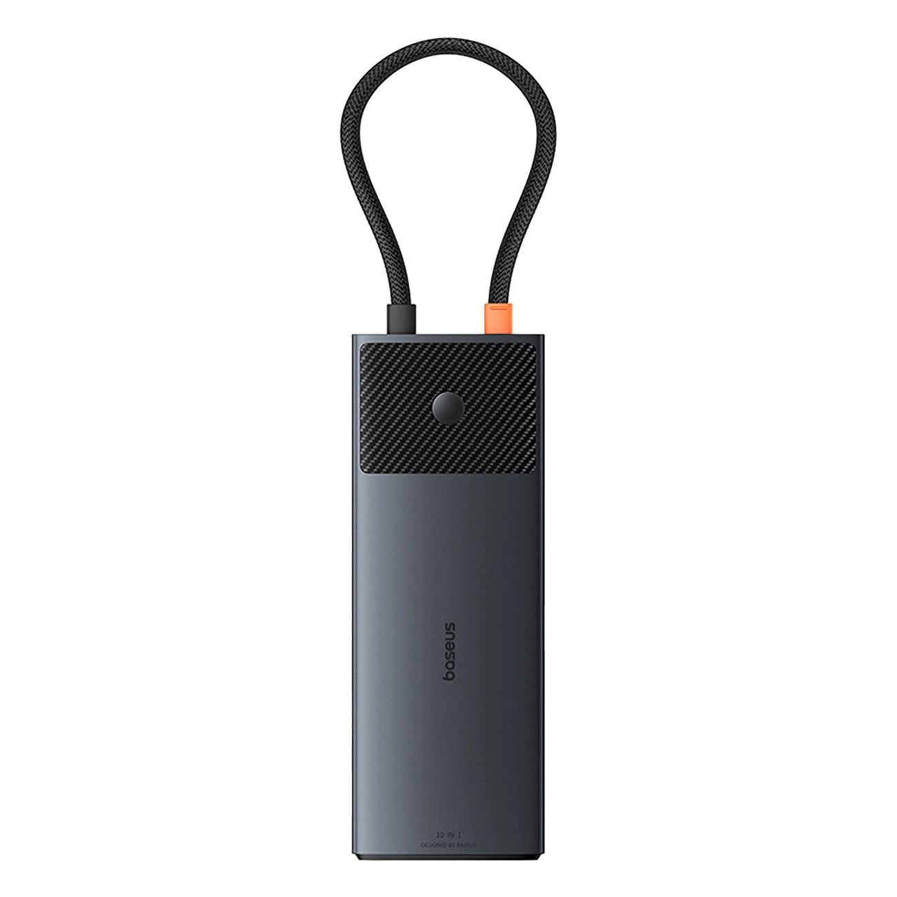 Hub USB-C grigio con cavo ad anello nero integrato e logo Baseus su sfondo bianco.