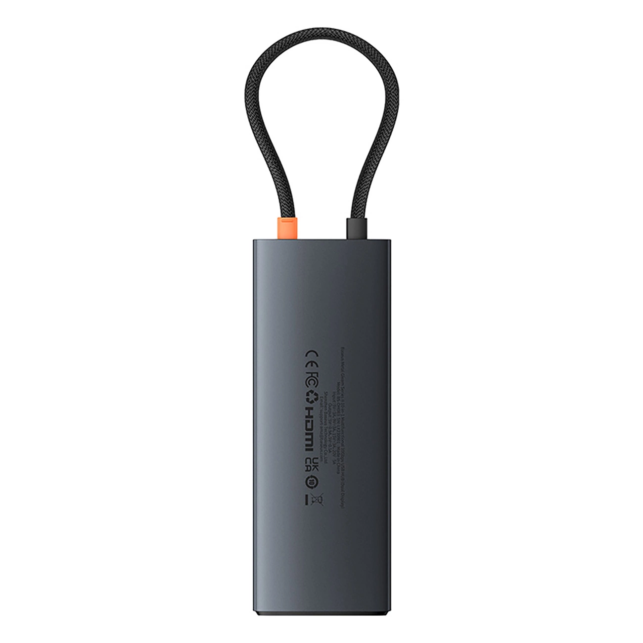 Un hub USB-C rettangolare grigio con un passante in corda intrecciata nera in alto.