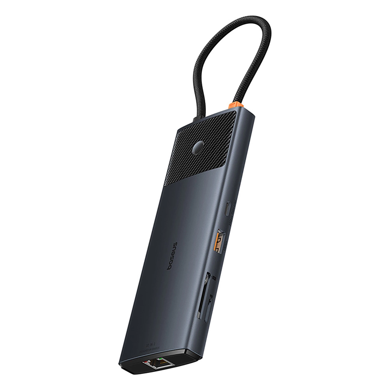 Un hub USB-C Baseus grigio con porte multiple, parte superiore testurizzata e cavo intrecciato.