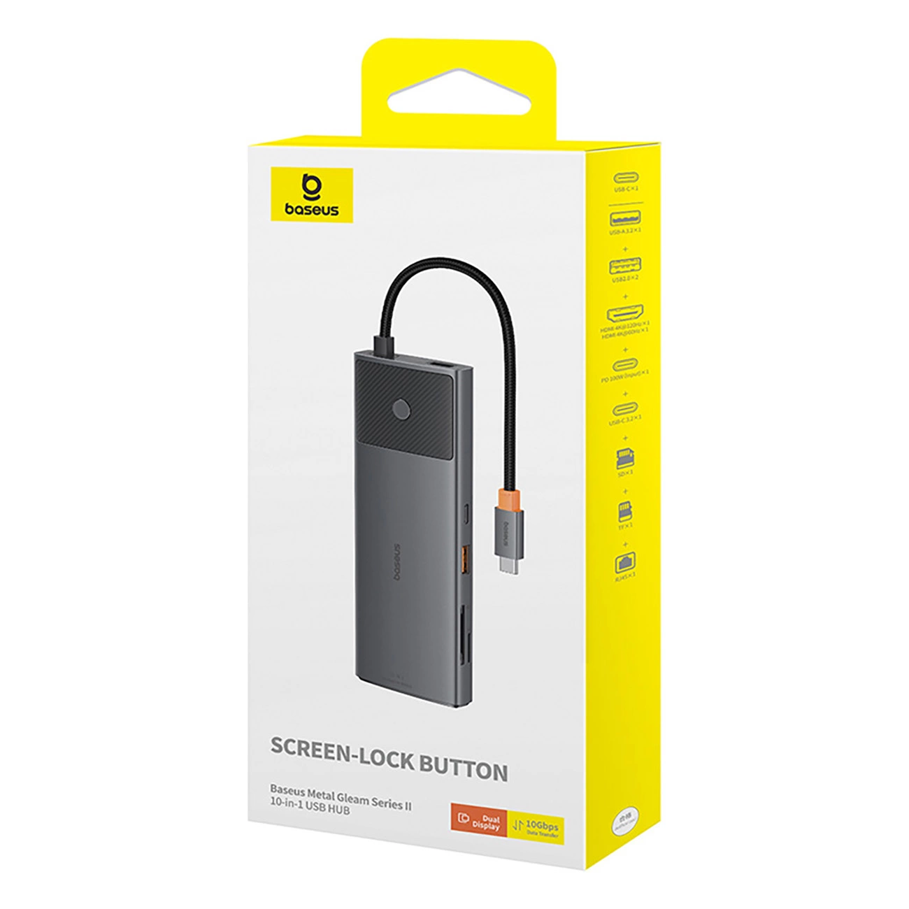 Hub USB 10-in-1 Baseus Metal Gleam Series II nella sua confezione gialla e bianca.