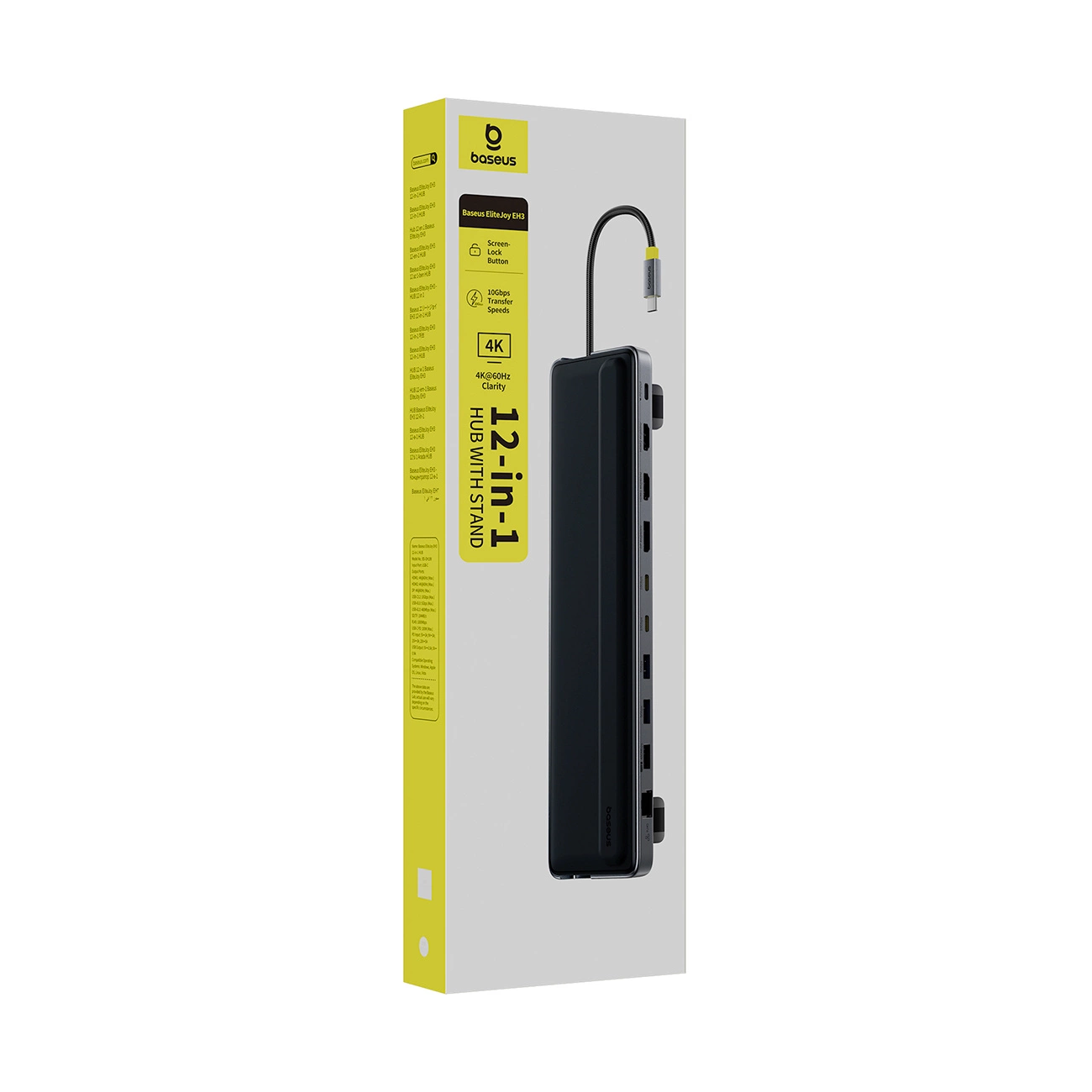 Scatola di imballaggio per un hub grigio Baseus 12-in-1 con supporto e cavo USB-C.