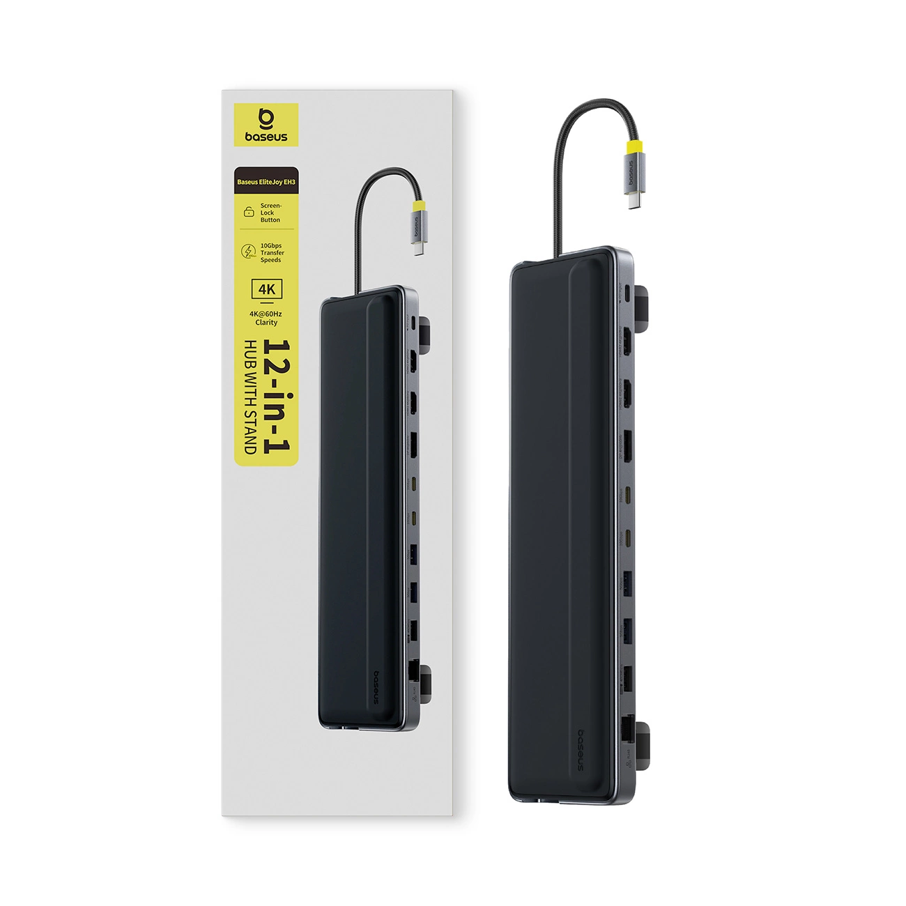 Un hub USB-C Baseus 12-in-1 nero con più porte e cavo collegato, accanto alla sua confezione.