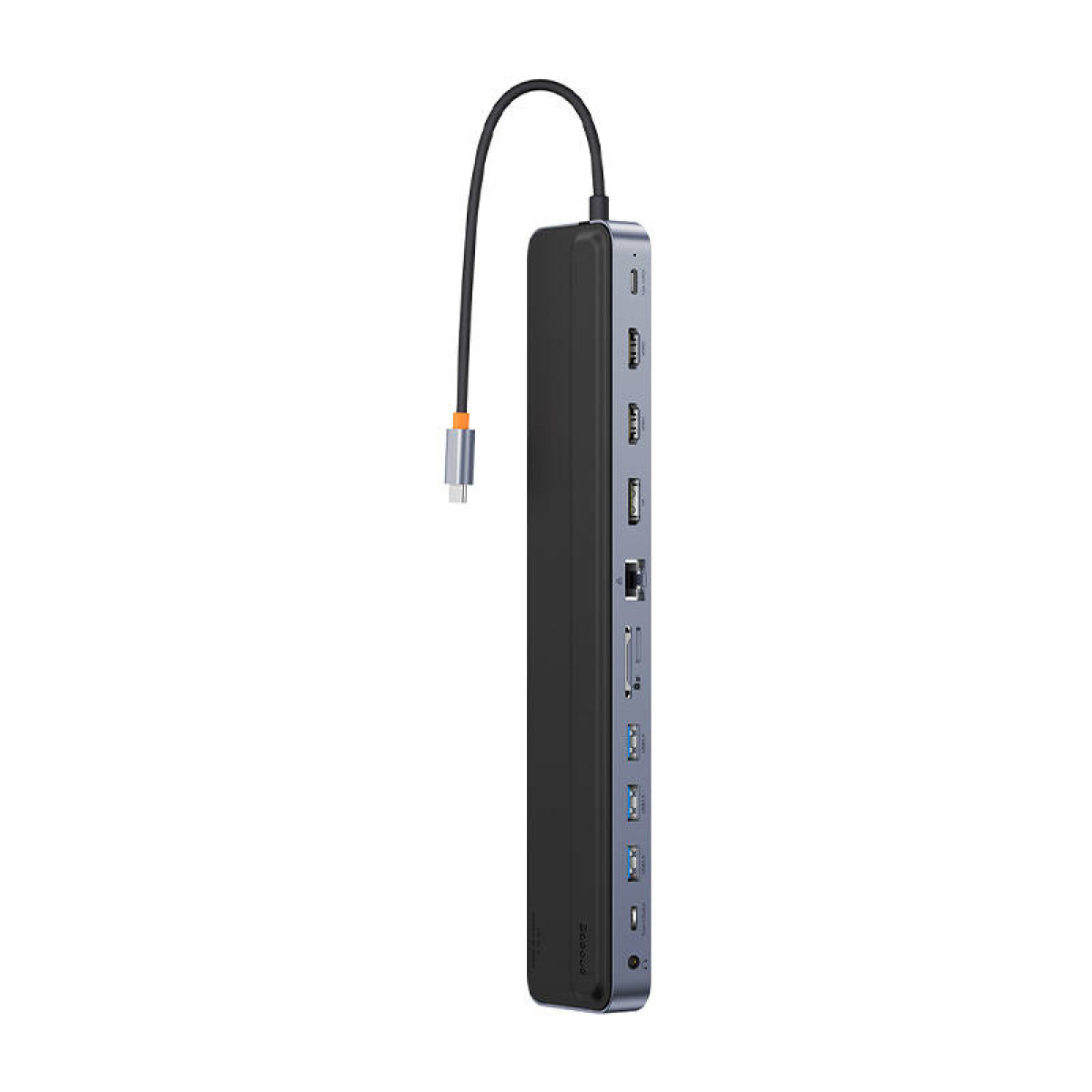 Hub USB-C grigio con cavo collegato e porte multiple disposte verticalmente su sfondo bianco.