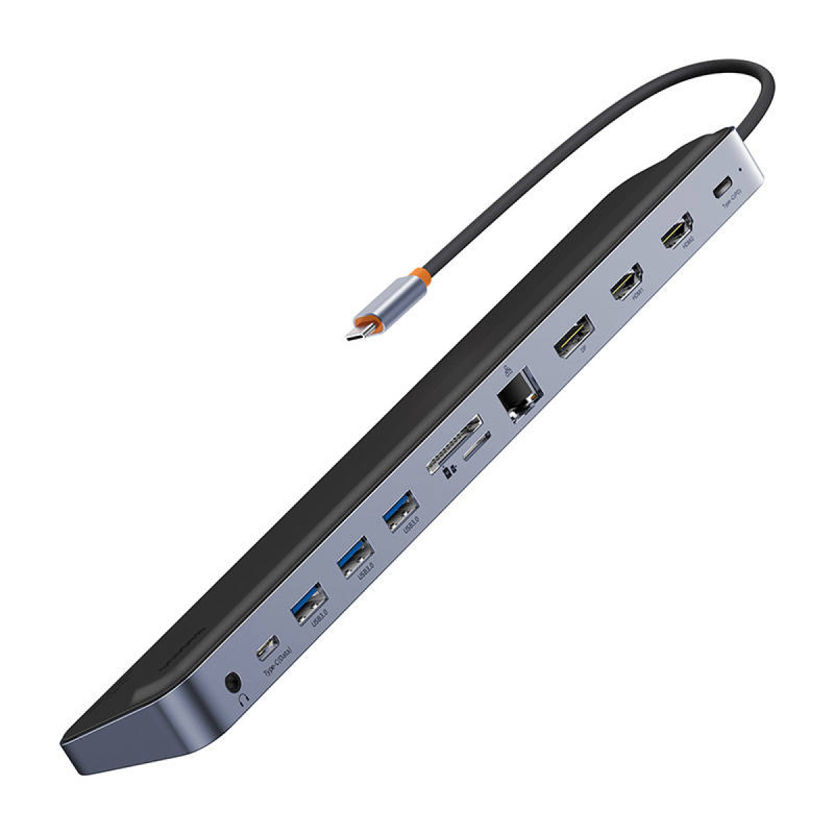 Hub USB-C grigio multi-porta con varie porte, HDMI e un cavo collegato su sfondo bianco.
