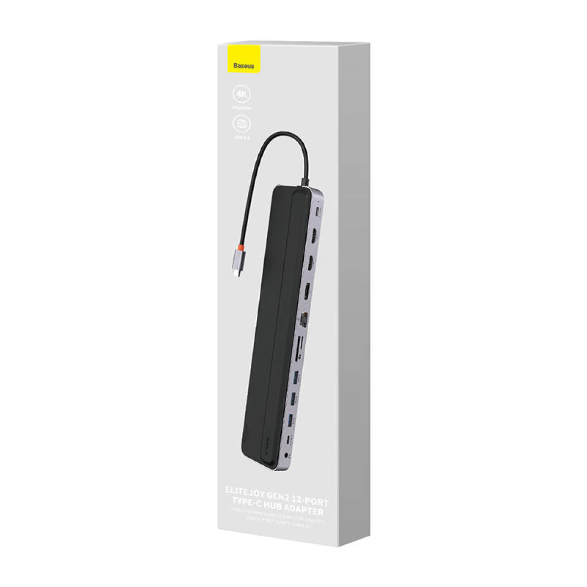 Una scatola bianca mostra l'adattatore hub Type-C Baseus EliteJoy Gen2 a 12 porte argento e nero con cavo.