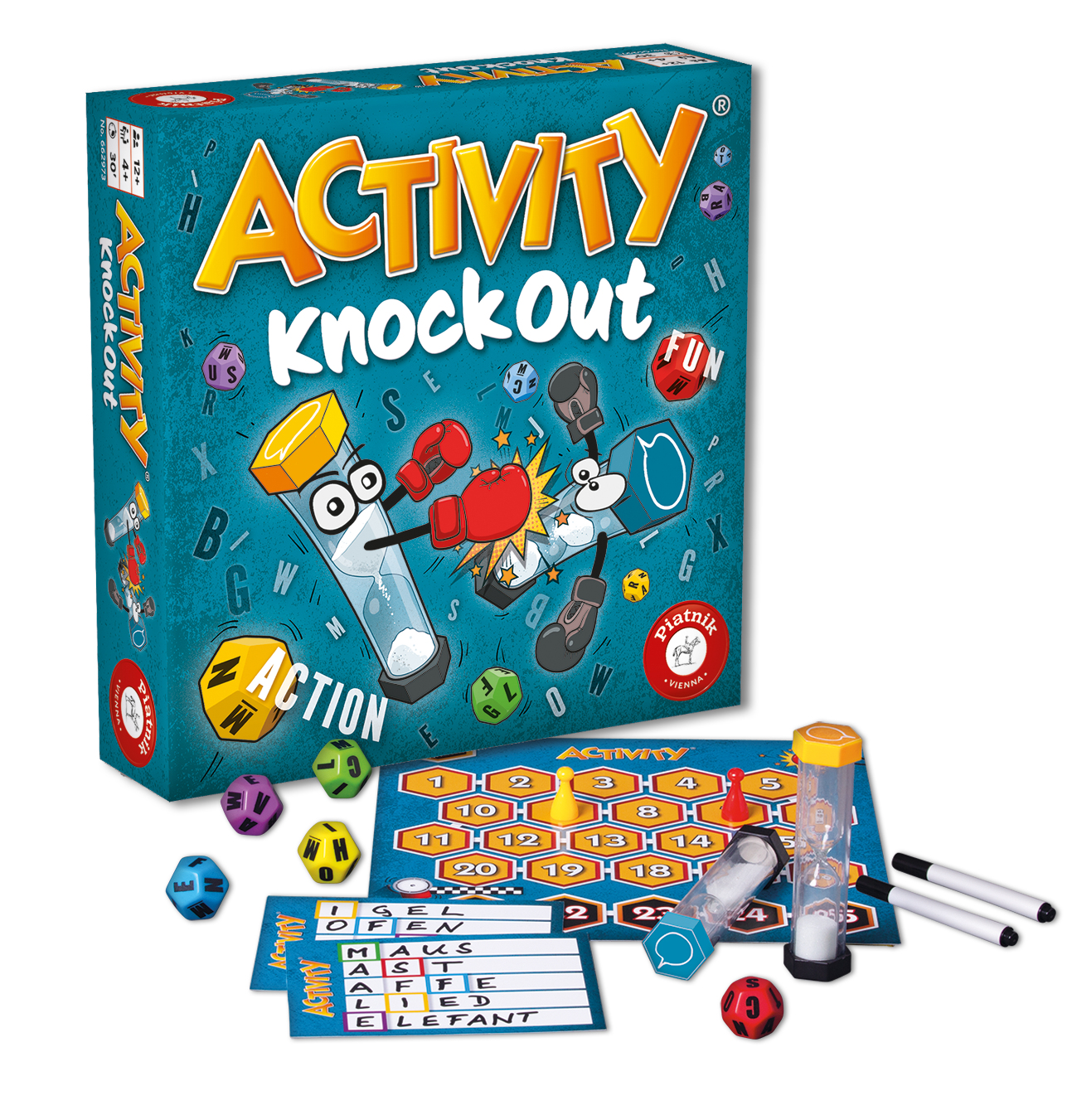 Spieleset Activity KnockOut mit Schachtel, Spielbrett, Würfeln, Sanduhren und Karten auf weißem Hintergrund.