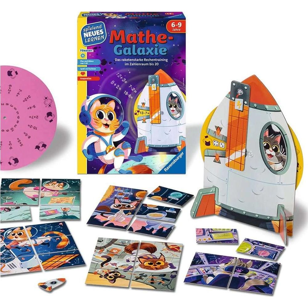 Ravensburger Mathe-Galaxie Brettspiel mit Box, Raketenmodell, Drehscheibe und bunten Rätselkarten mit Weltraummotiven.