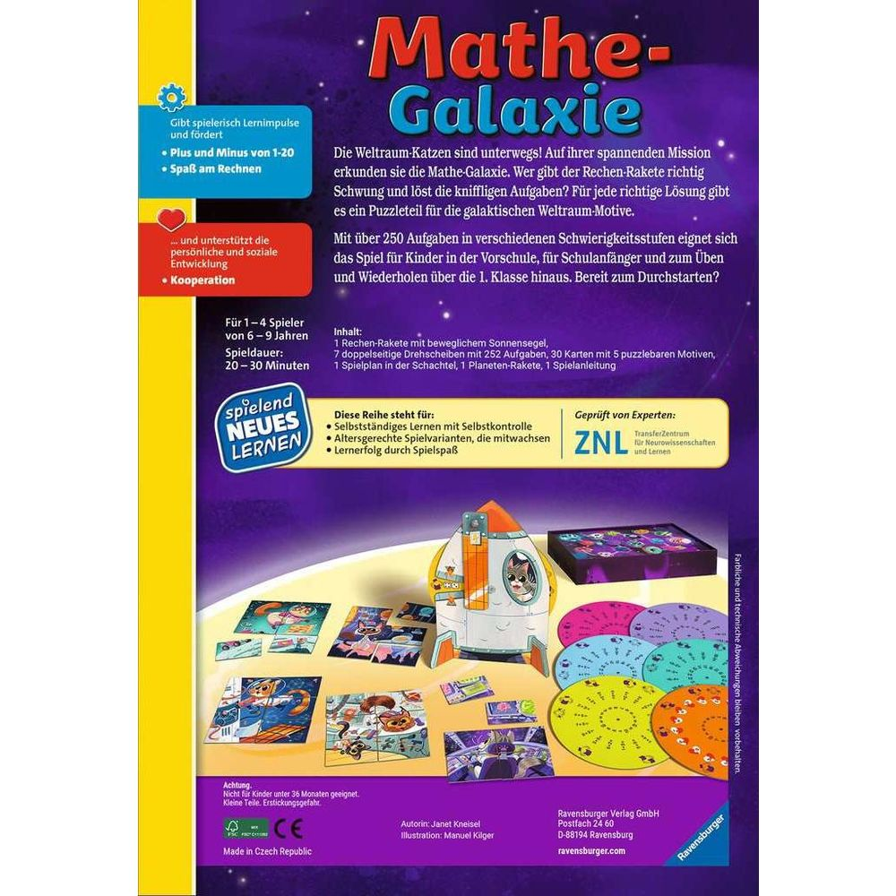 Verpackungsrückseite des Lernspiels Mathe-Galaxie mit Beschreibung und Inhalt auf violettem Hintergrund.
