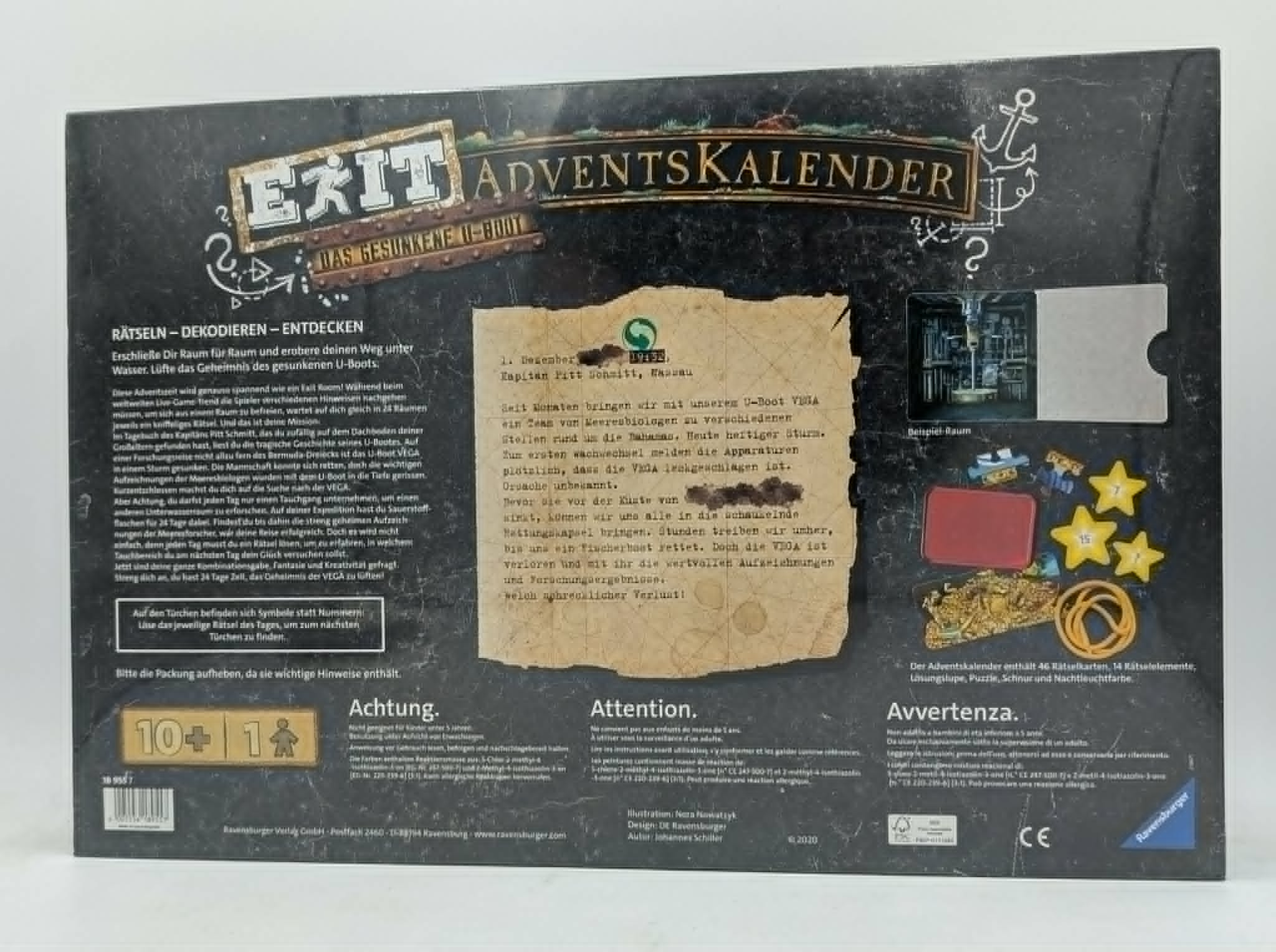 Die Rückseite eines Exit Adventskalenders mit Texten, einem alten Brief und kleinen Bildern von Spielinhalten.