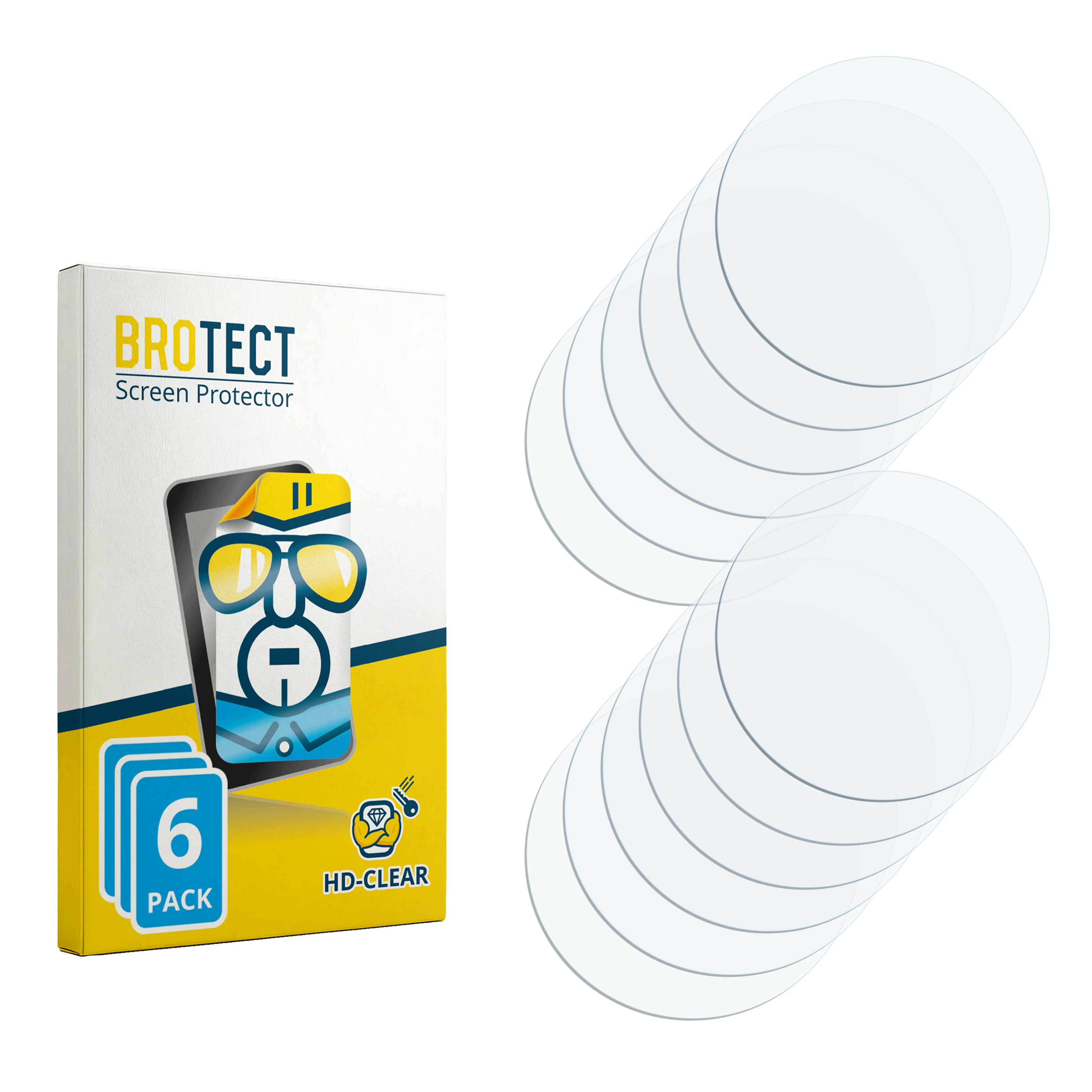 BROTECT HD-Clear Displayschutz-Verpackung mit zwei Stapeln aus je sechs runden, klaren Schutzfolien.