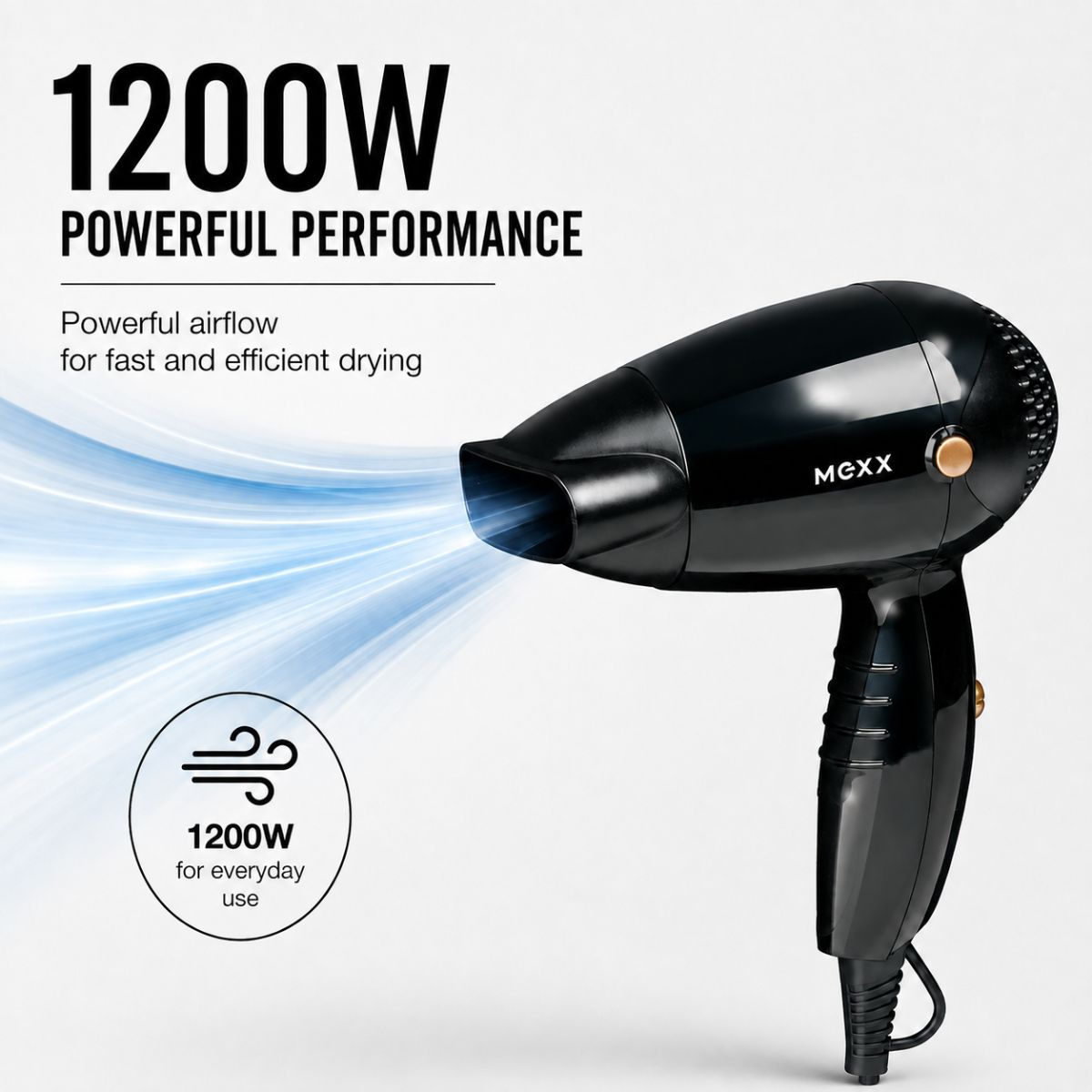 Ein schwarzer 1200W Föhn bläst blaue Luft, mit Text auf weißem Hintergrund.