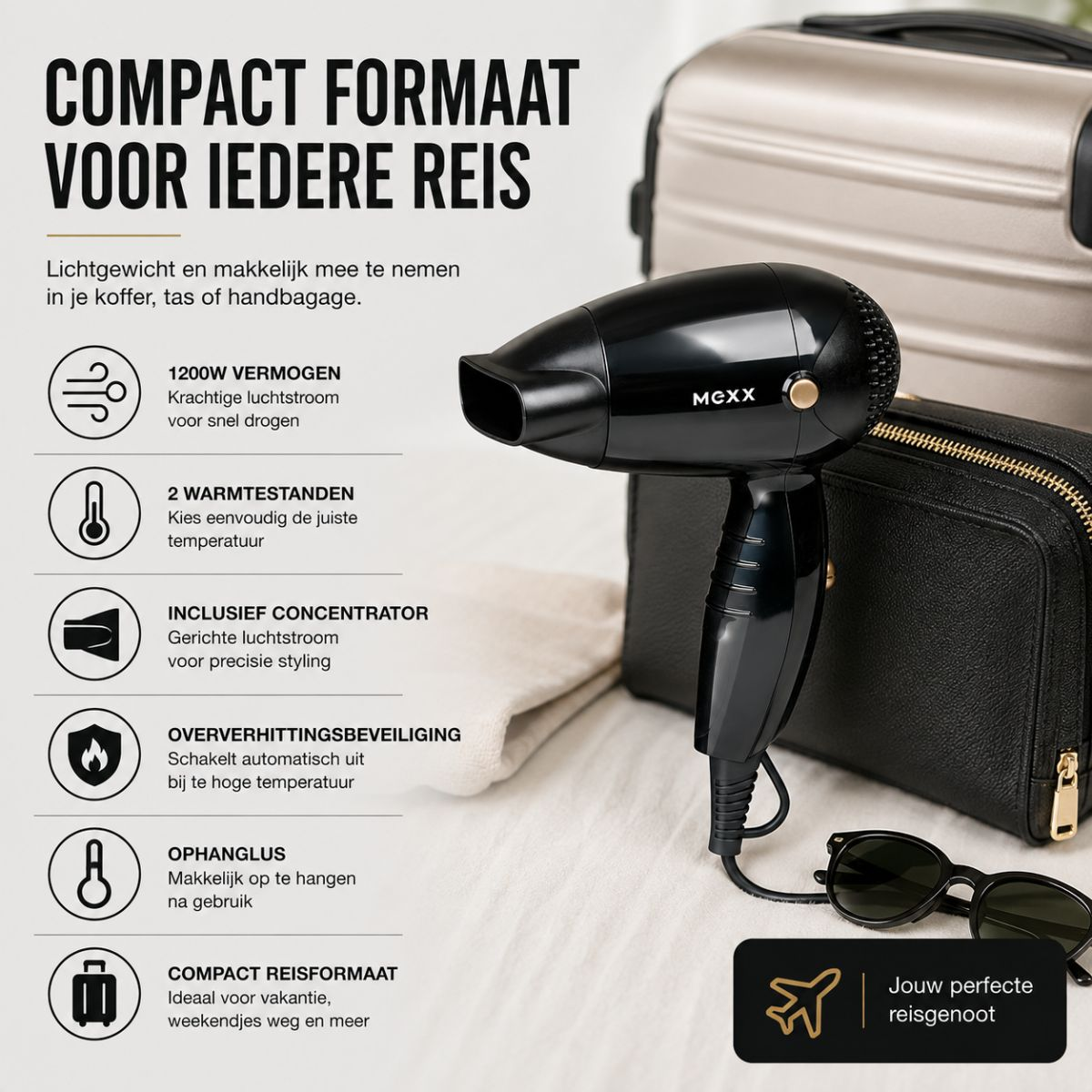 Schwarzer Reisehaartrockner mit Tasche, Sonnenbrille und Reisekoffer auf hellem Untergrund mit Infografik.