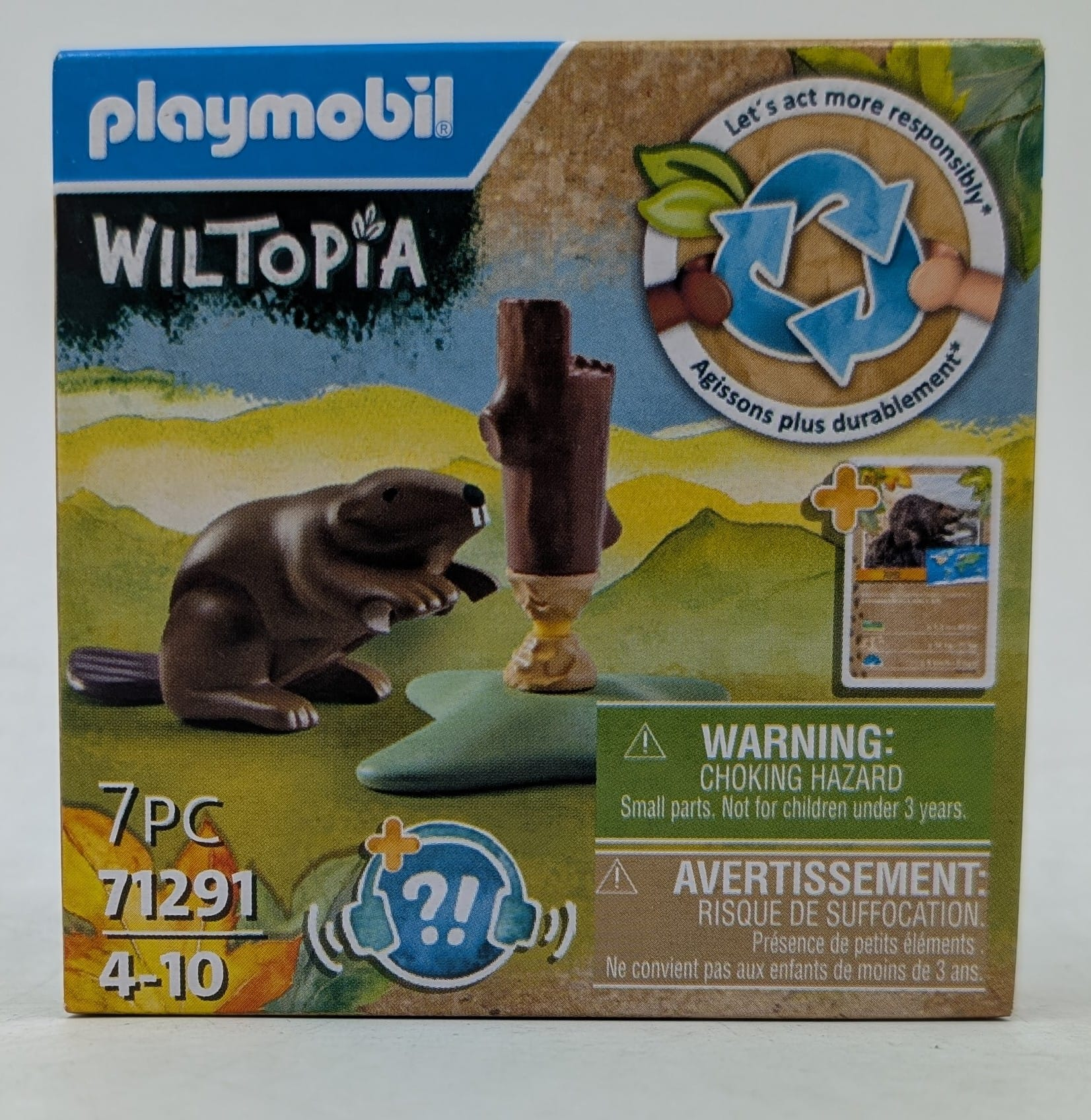 Playmobil Wiltopia Biber Spielzeug Verpackung mit Biber Figur, Holzstück und Recycling Logo.