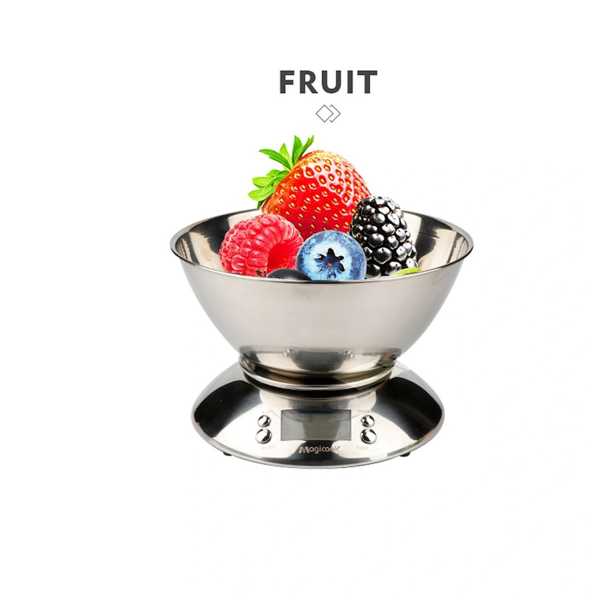 Eine Edelstahlküchenwaage mit einer Schüssel frischer Früchte oben drauf und der Aufschrift FRUIT.